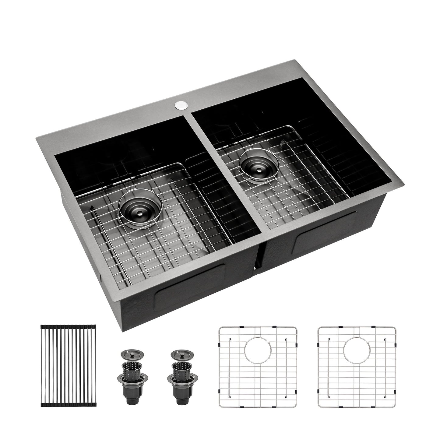 Double Bowl Drop In Kitchen Sink, 16 Gauge Stainless Steel With 2 9" Deep Basins - Gunmetal Black Daily Nest
