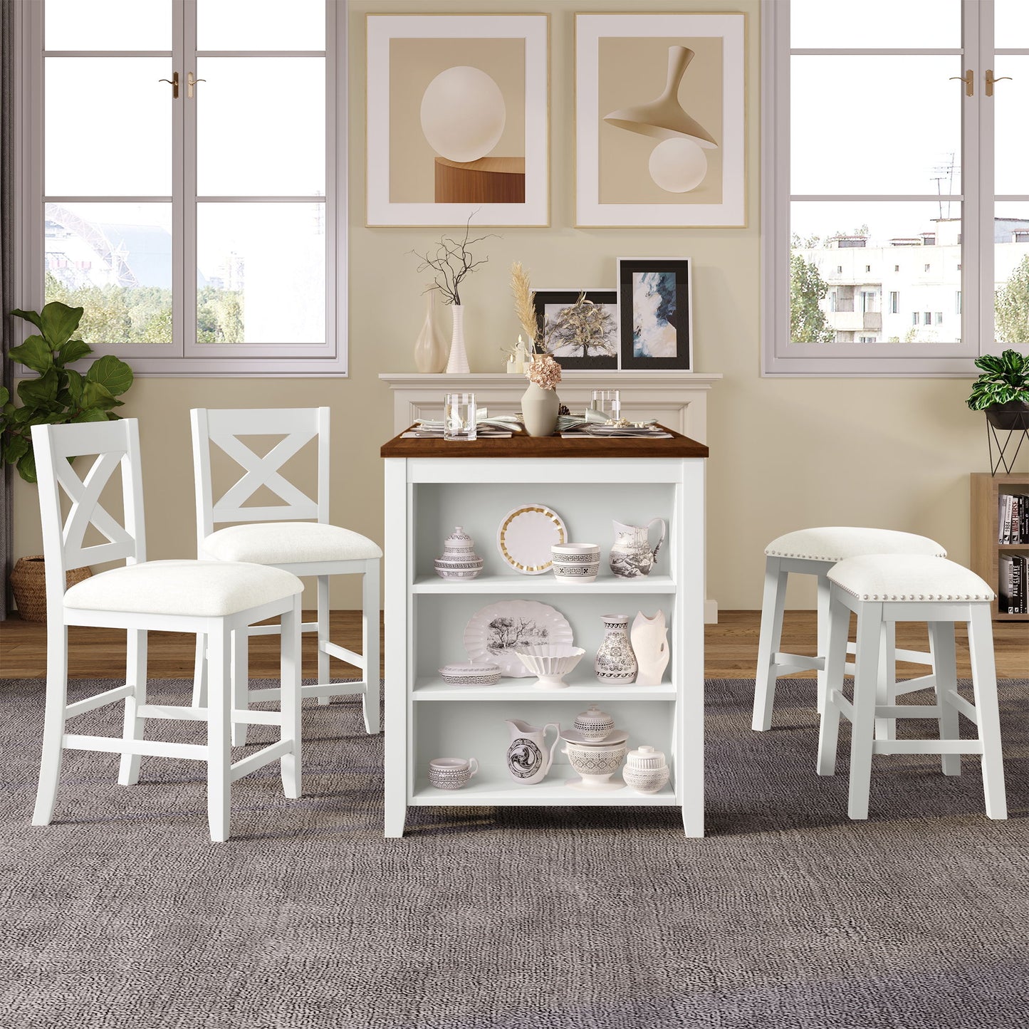 5 Pieces Counter Height Rustic Farmhouse Dining Room Wooden Bar Table Set With 2 Stools And 2 Chairs Hearth and Haven