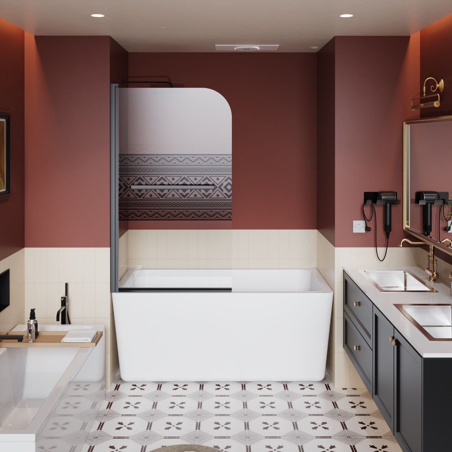 Bohemian Shower Door Bathtub With Tempered Glass And Handle - Matt Black Daily Nest