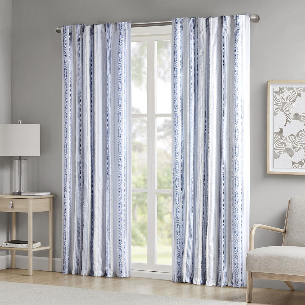 Veronica - 50x84" Poly Printed Curtain Panel With Tufted Stripe And Lining - White/Navy Madison Park