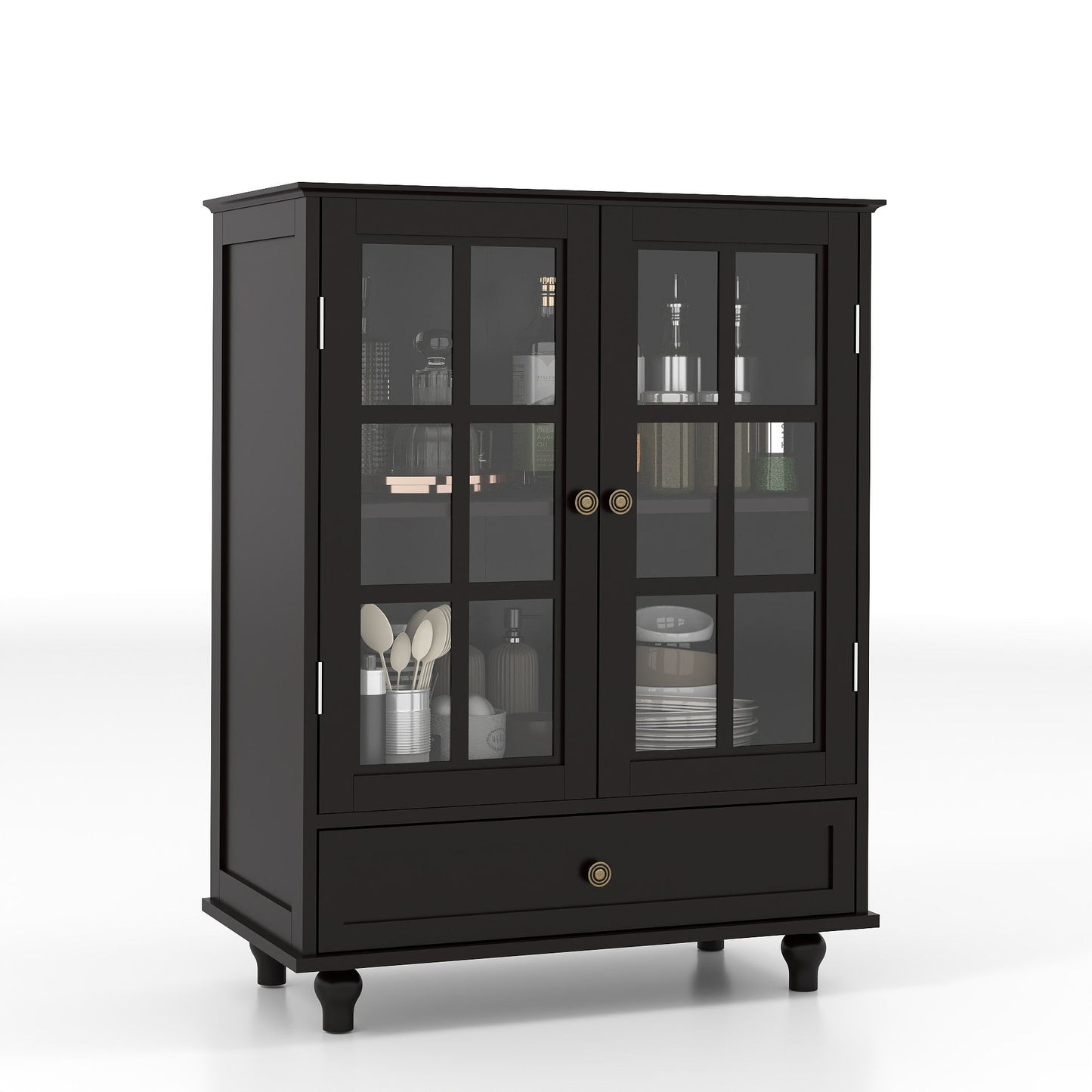 Minimalist Buffet Cabinet With Double Glass Doors And Drawer Home Essentials