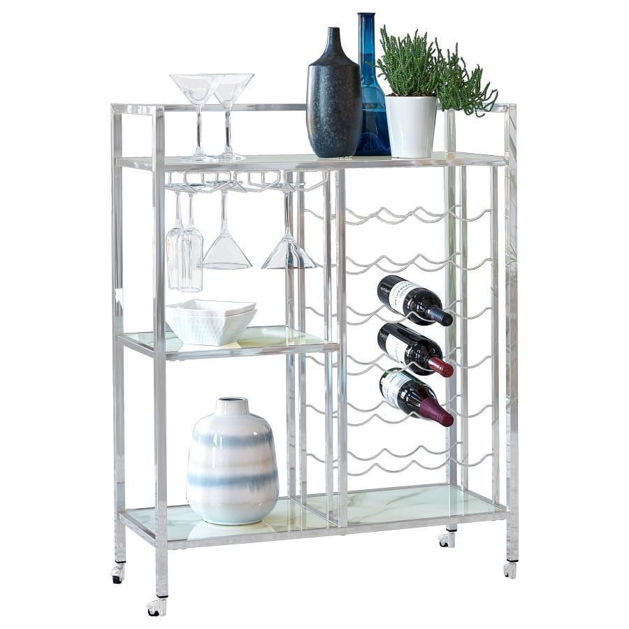 Derion - 3-Tier Rectangular Glass Shelf Metal Bar Cart - Chrome CoasterEssence