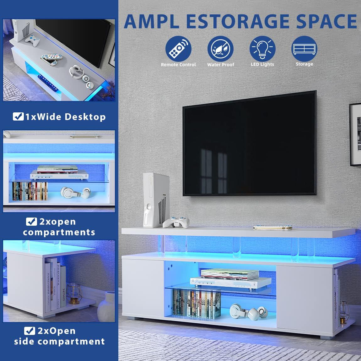 TV Stand LED Gaming Entertainment Center, Media Storage Console Table With Large Side Cabinet Home Essentials