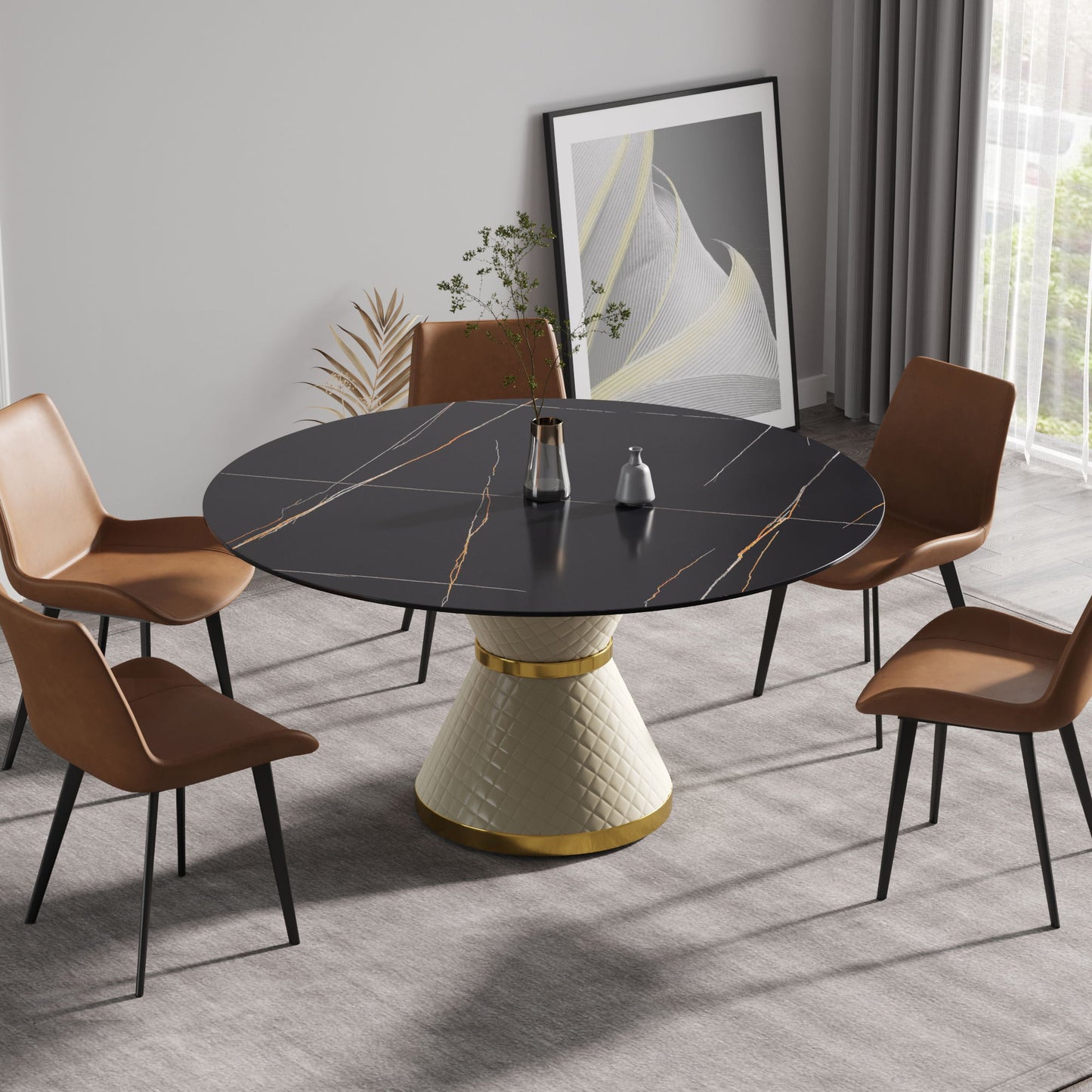 59.05" Modern Artificial Stone Round Carbon Steel Base Dining Table, Can Accommodate 6 People - Black / White Home Essentials