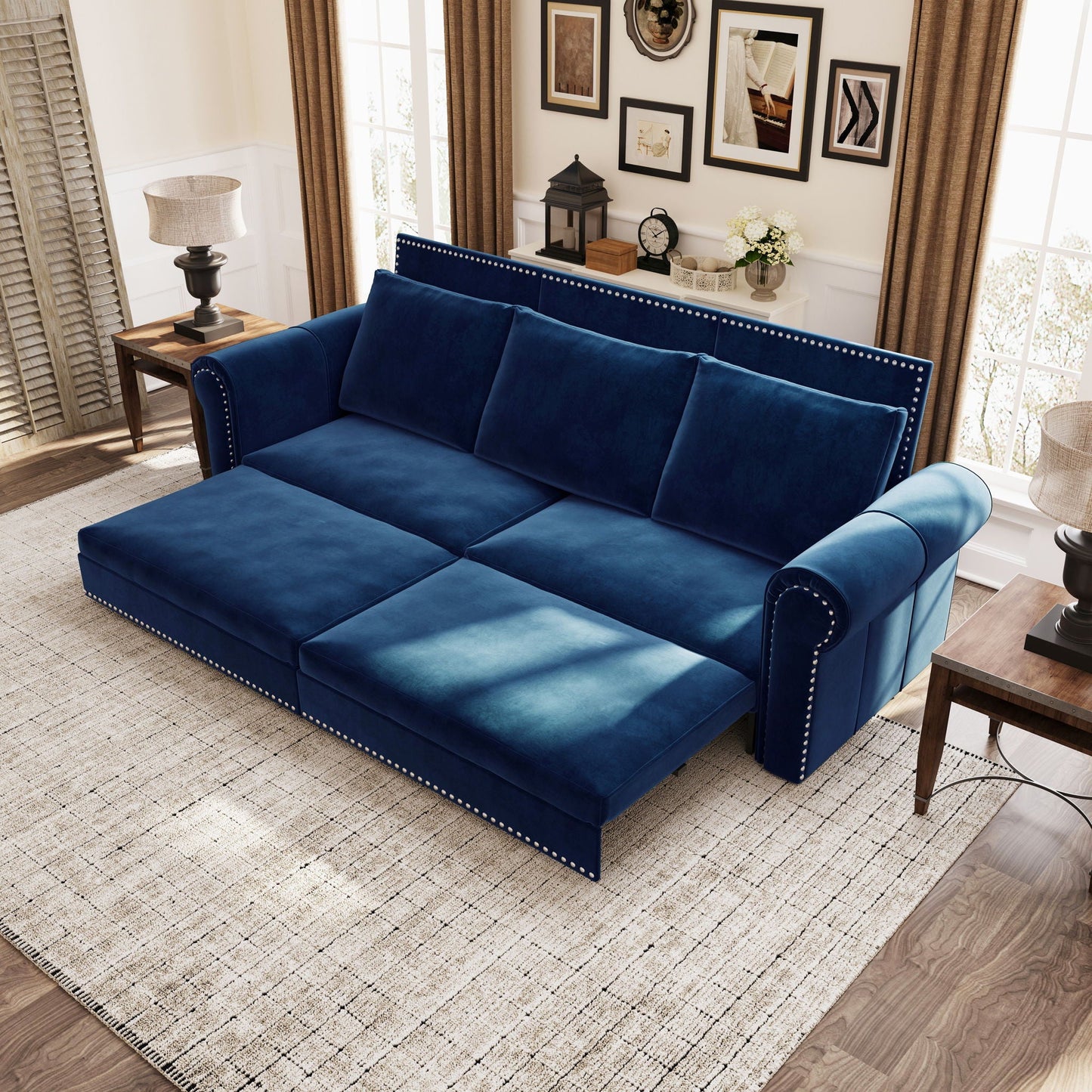 3 In 1 Convertible Sleeper Sofa With Nailhead Trim & Rolled Arm Home Essentials