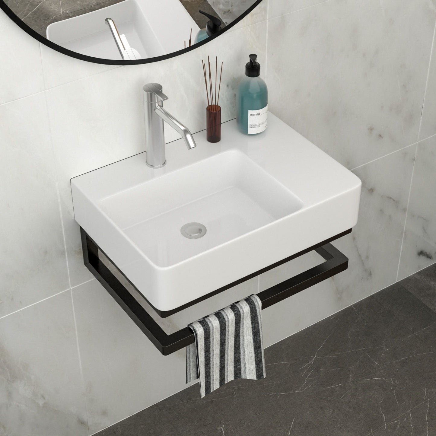 Wall Mounted Rectangular Bathroom Sink With Towel Bar And Faucet Hole - White Home Essentials
