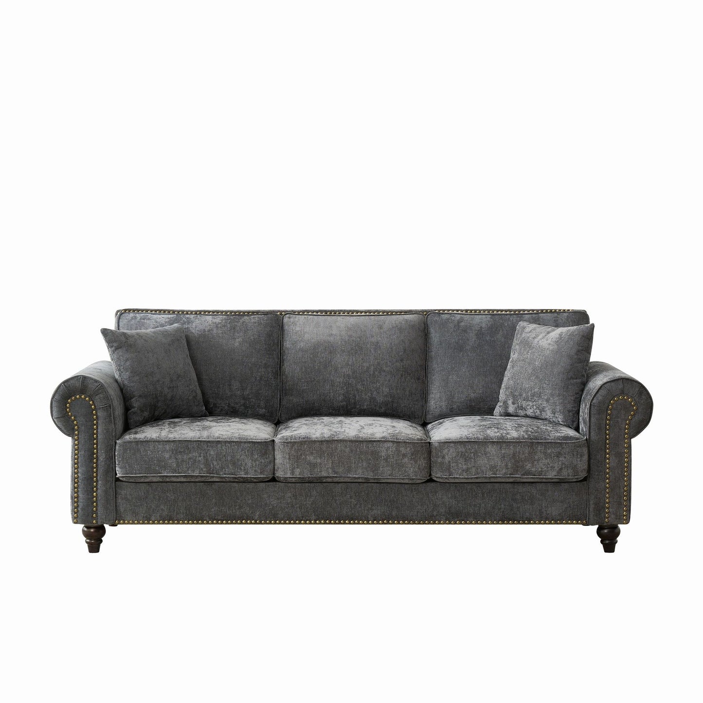 3 Seater Sofa With Tufted Upholstery, Rolled Arms, Nailhead Trim Home Essentials
