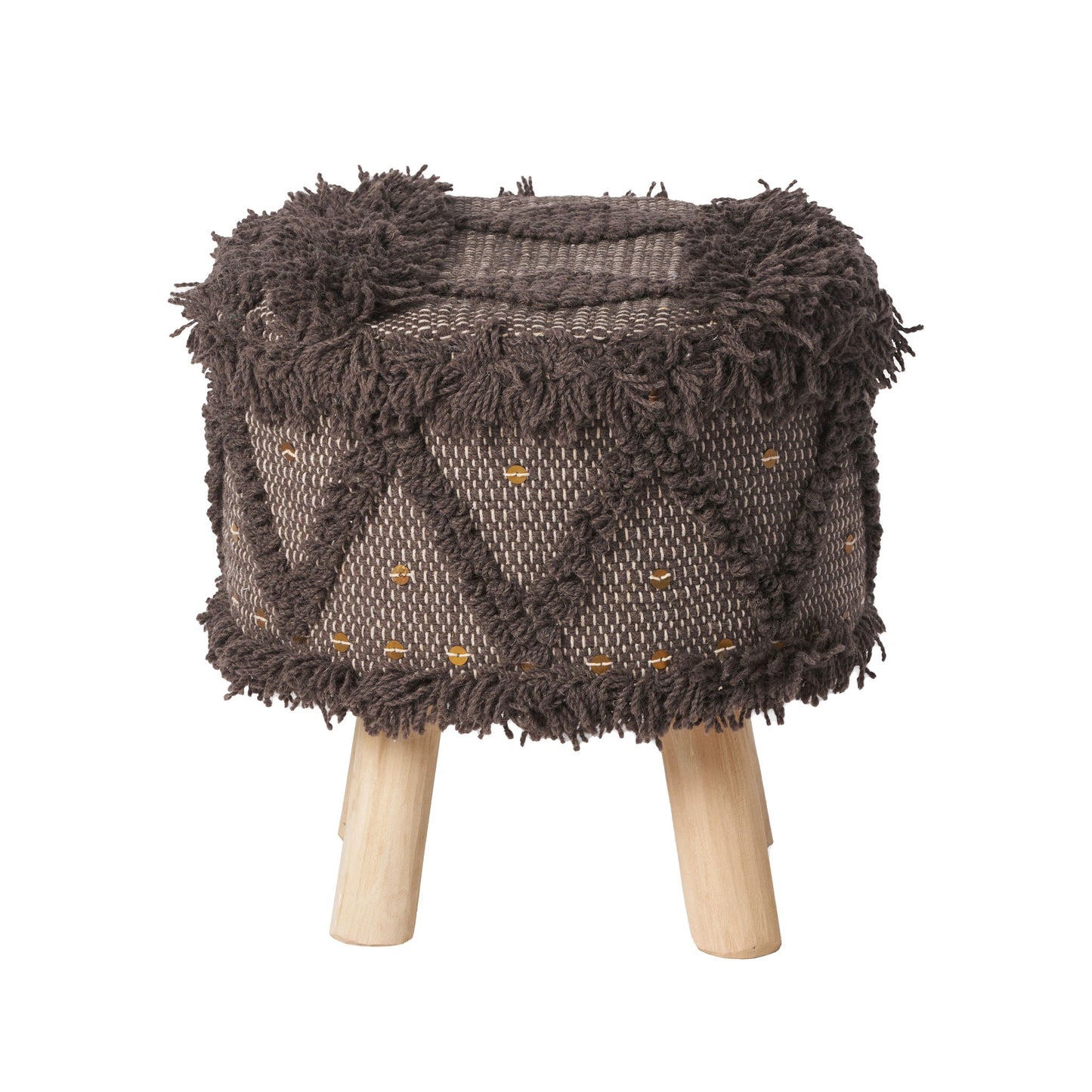 Roja - Handcrafted Wool & Cotton Foot Stool With Eucalyptus Wood Frame - Dark Brown Noble House