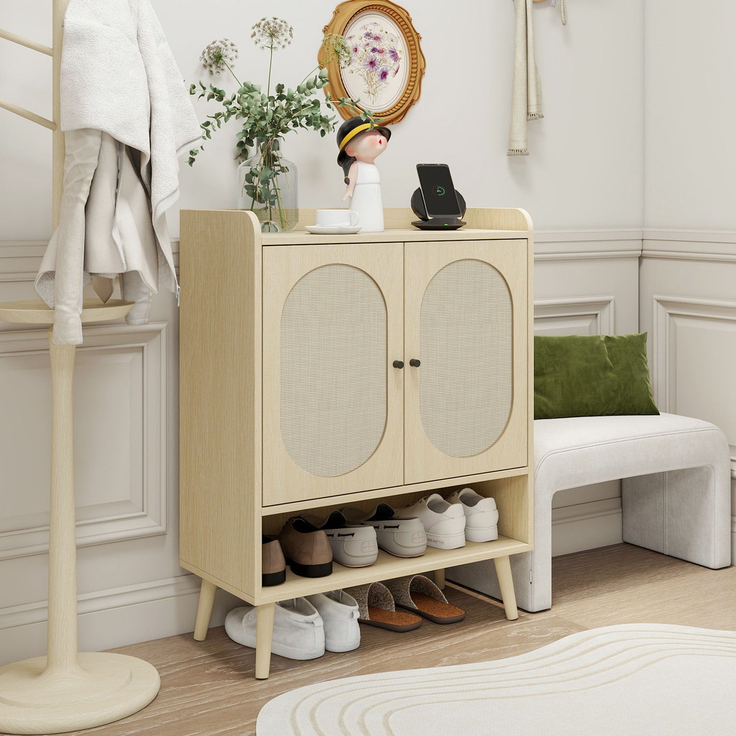 2 Door Shoe Rack, Freestanding, Modern Shoe Storage Cabinet, For Entryway - Natural Daily Nest