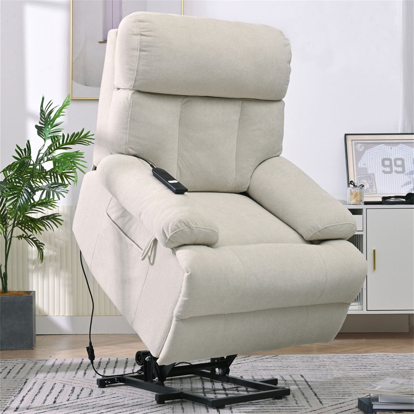 Oversized Power Lift Recliner Chai With Remote Control, Side Pocket, Spacious Seat Home Essentials