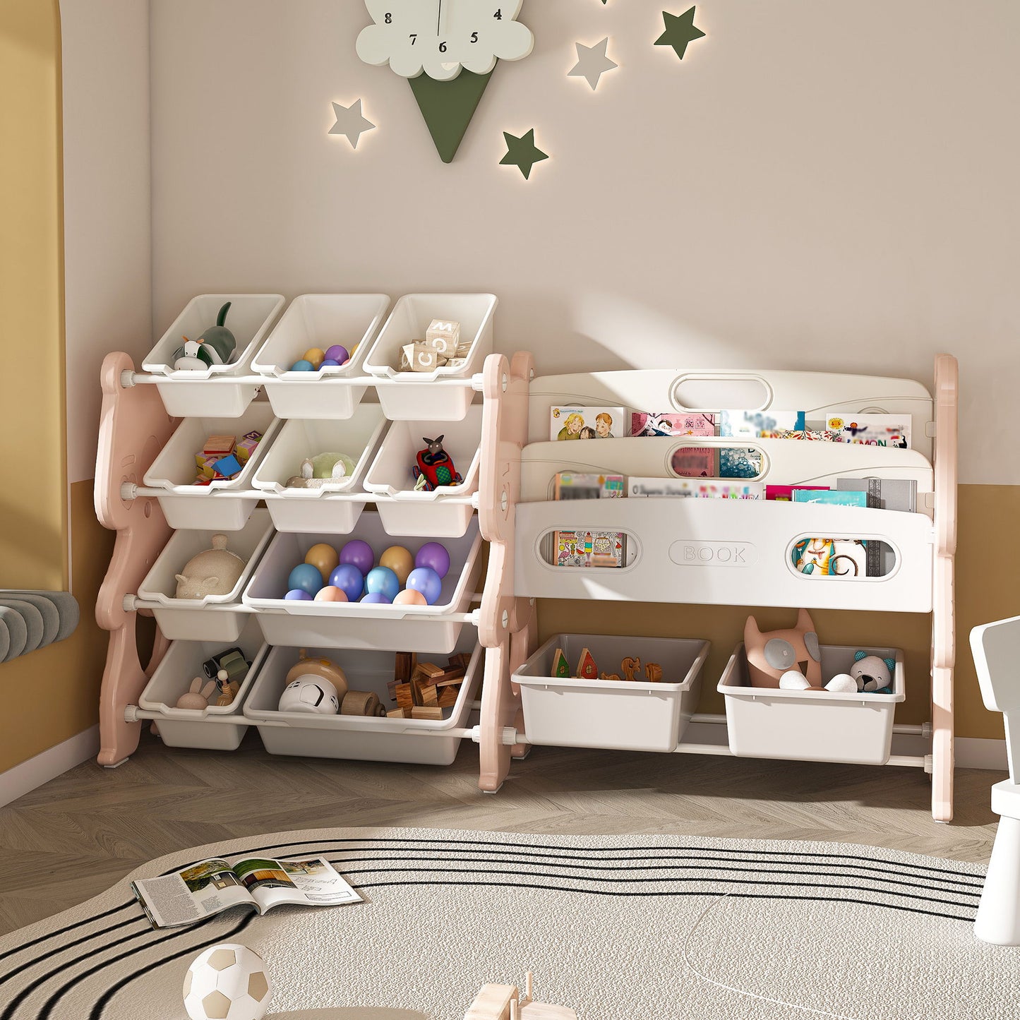 Kids Toy Storage Organizer With 2 Tier Bookshelf, Toy Storage With 12 Bins Home Essentials