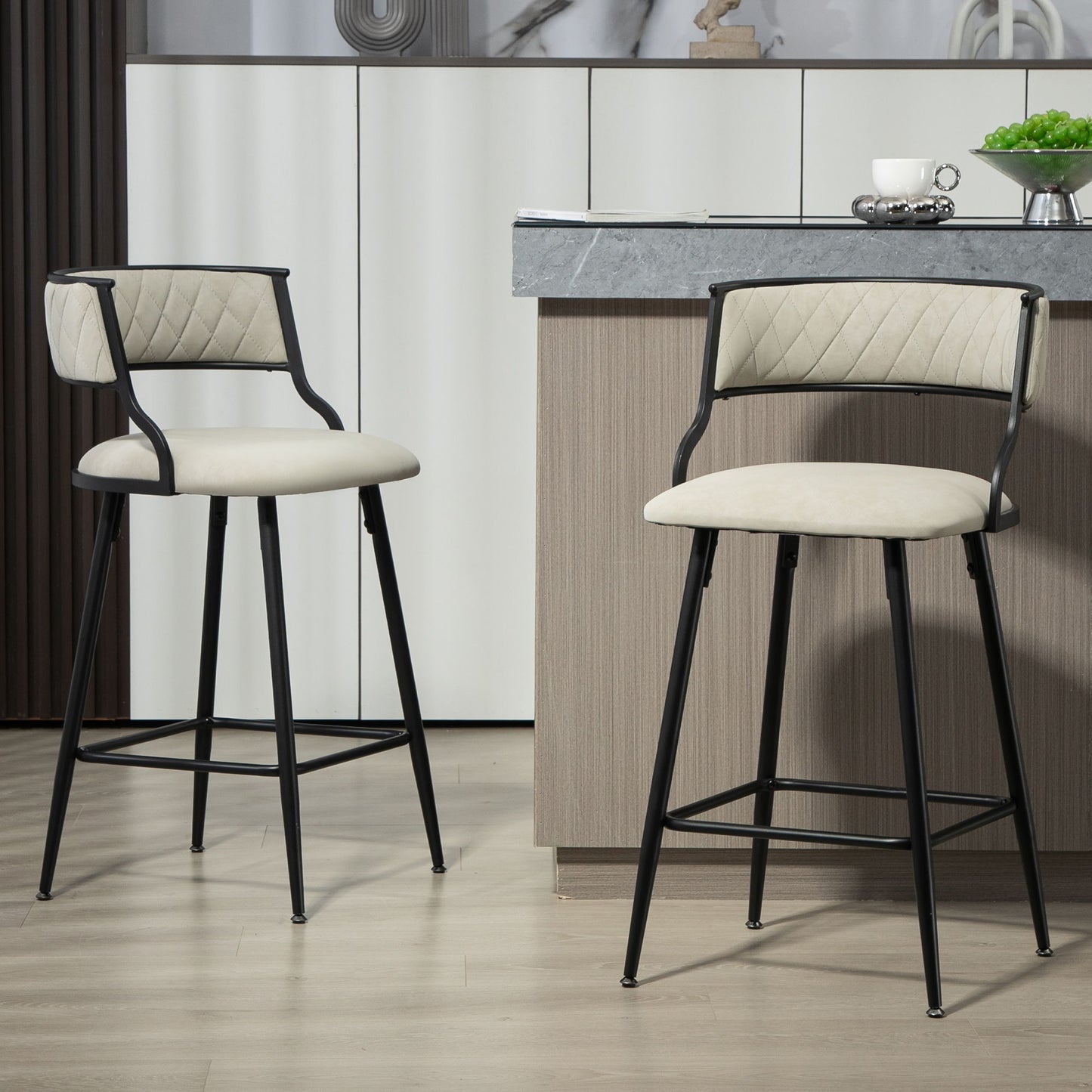 Counter Height Bar Stools With Powder Coating Base And Footrest (Set of 2) - Beige Home Essentials