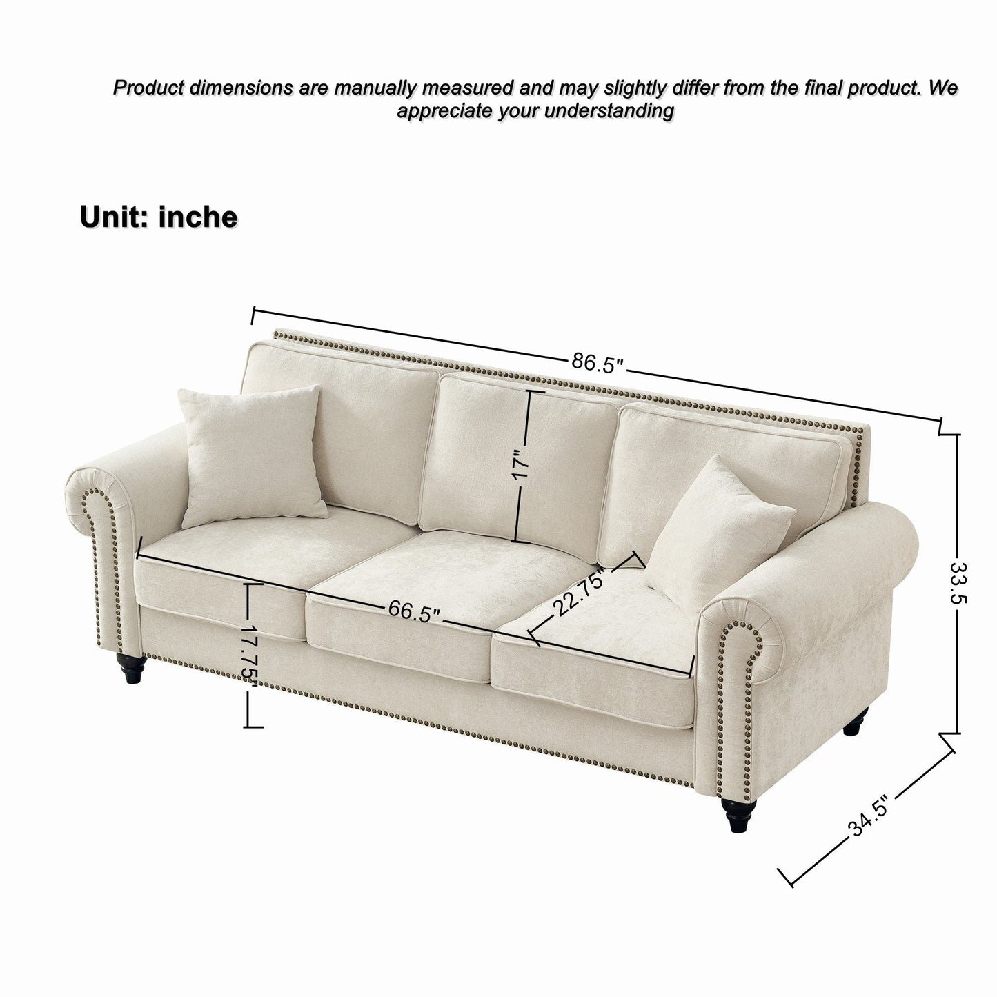 3 Seater Sofa With Tufted Upholstery, Rolled Arms, Nailhead Trim Home Essentials