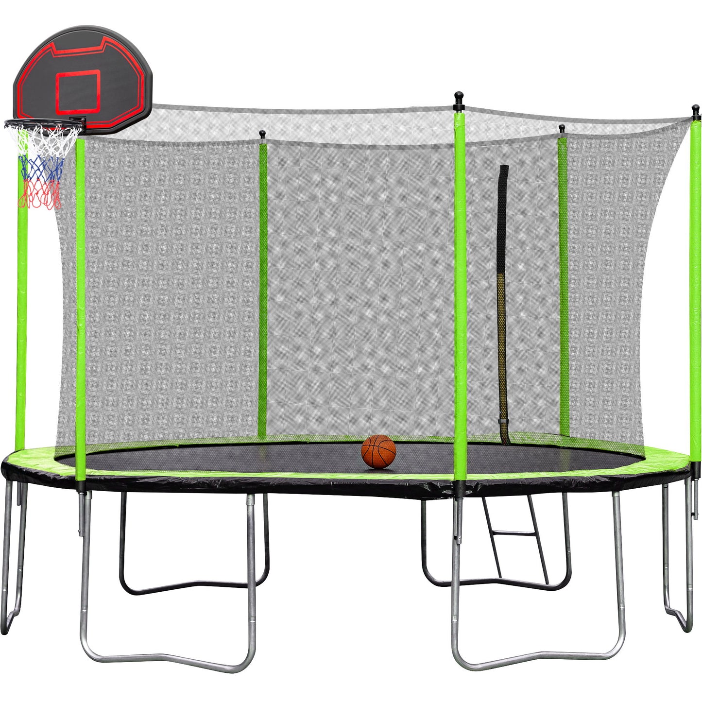 14Ft Trampoline With Basketball Hoop Inflator And Ladder (Inner Safety Enclosure) - Green Daily Nest