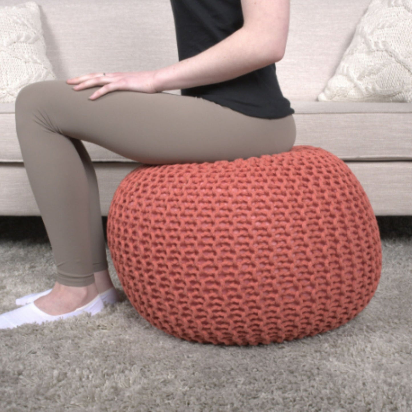 Bordeaux - Knitted Cotton Round Pouf Ottoman, Floor Cushion Home Essentials
