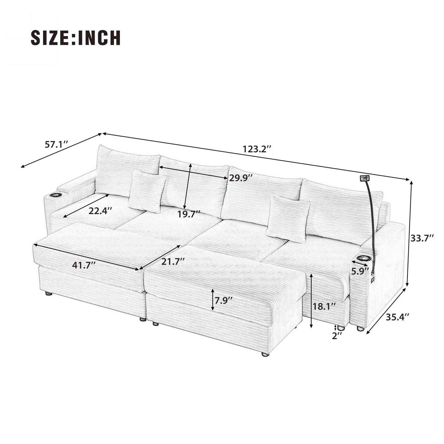 Modern Style Loveseat Sofa Sectional Sofa Couch With Storage Space, A Movable Ottoman, Two USB Ports, Two Cup Holders, A Phone Holder For Living Room Hearth and Haven