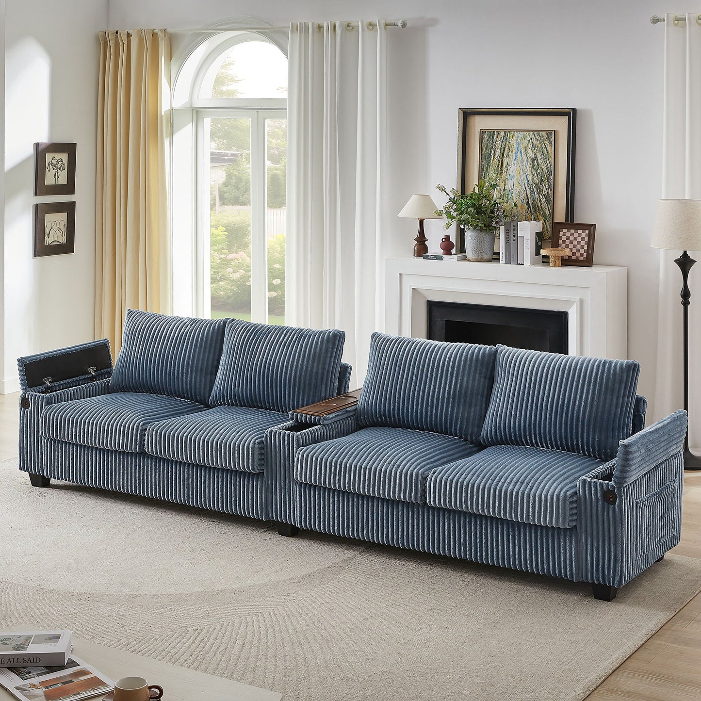 Modern 4 Seater Corduroy Sofa Couch With USB Ports And Hidden Storage Hearth and Haven