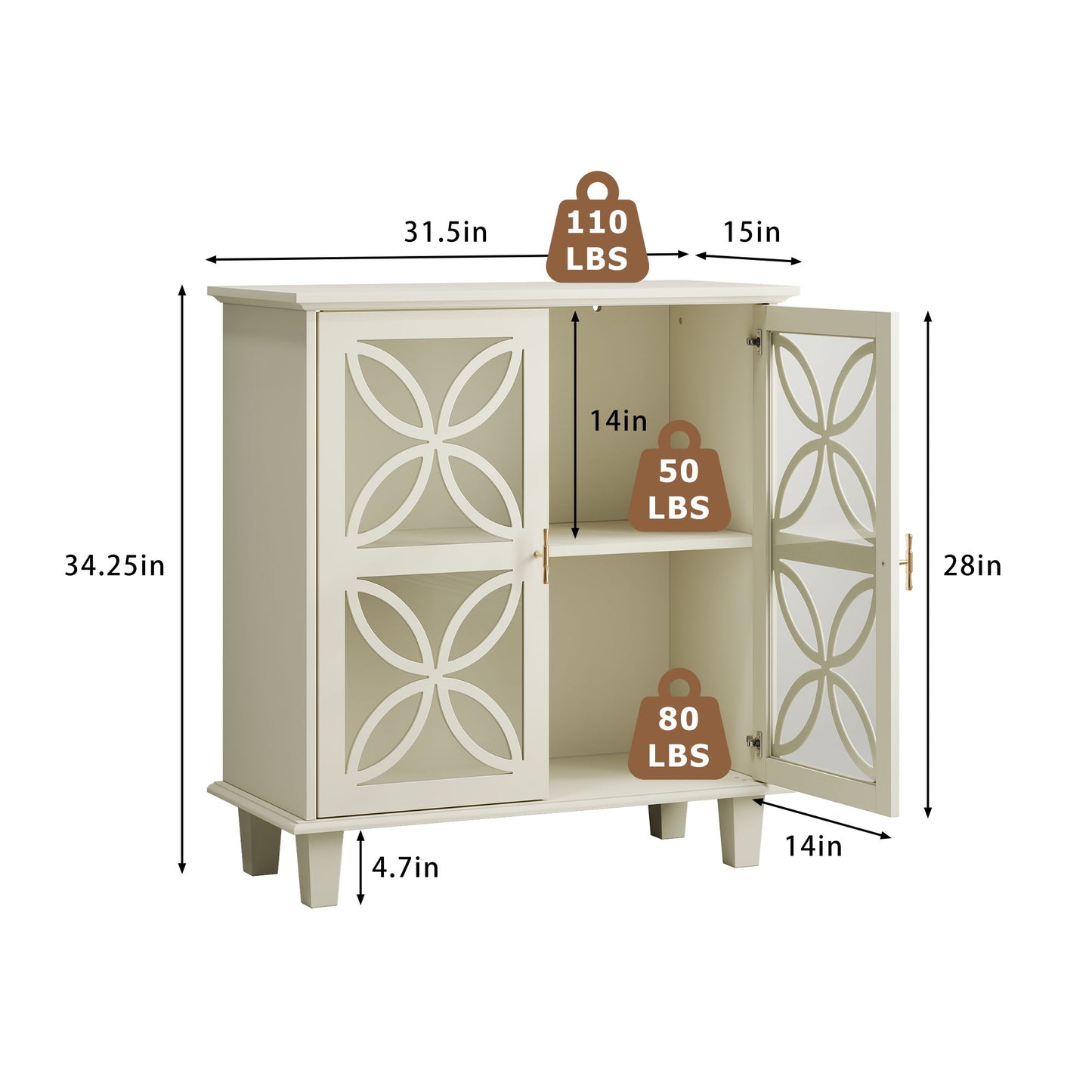 Modern Retro Sideboard Buffet Storage Cabinet With Adjustable Shelves And Tempered Glass Doors - Cream Color Home Essentials