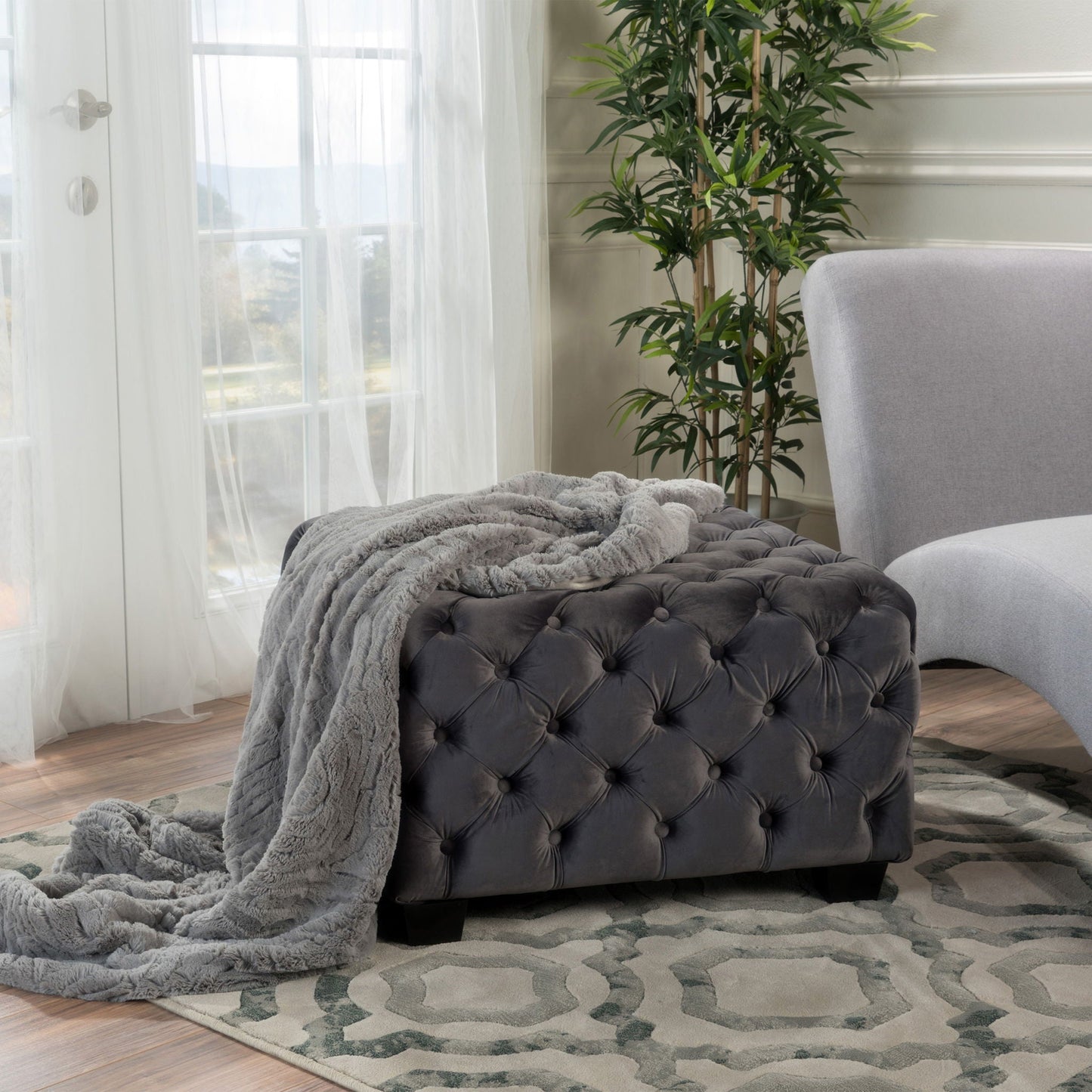 Modern Glam Ottoman With Velvet Upholstery And Button Tufted Design Noble House