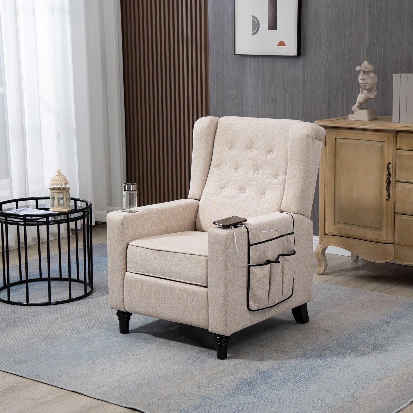 Arm Pushing Recliner Chair, Modern Button Tufted Wingback Push Back Recliner Chair, Living Room Chair Fabric Pushback Manual Single Reclining Sofa Home Theater Seating For Bedroom Home Essentials