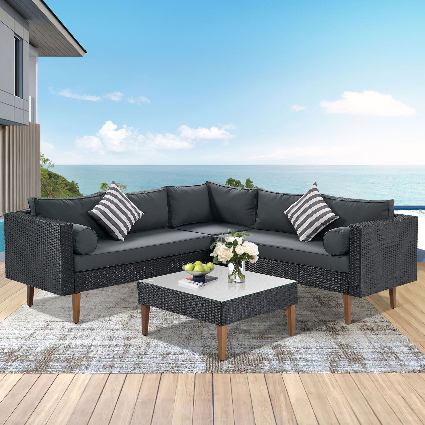 4 Pieces Outdoor Wicker L-Shape Sofa Set Hearth and Haven