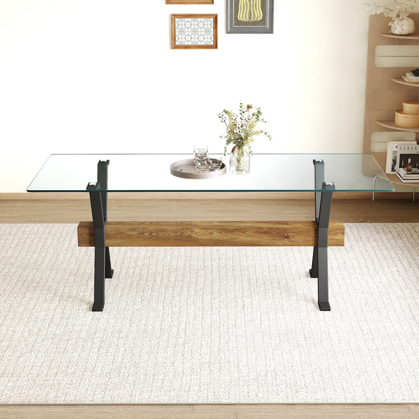 Elegant Tempered Glass Dining Table With X Shaped Metal Legs And Wood Grain Crossbeam - Black / Transparent Home Essentials