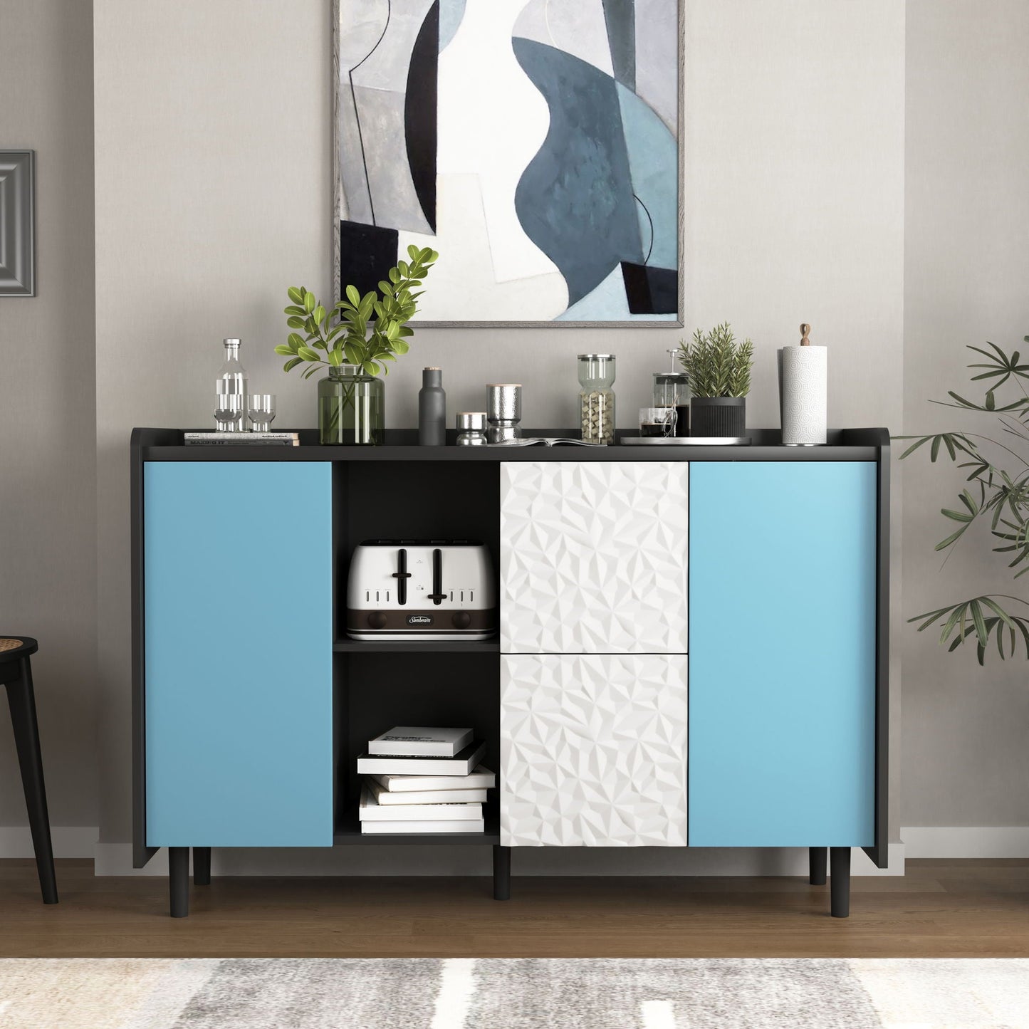 Modern Sideboard Buffet Cabinet With Red Doors And Unique Panel Styling Home Essentials