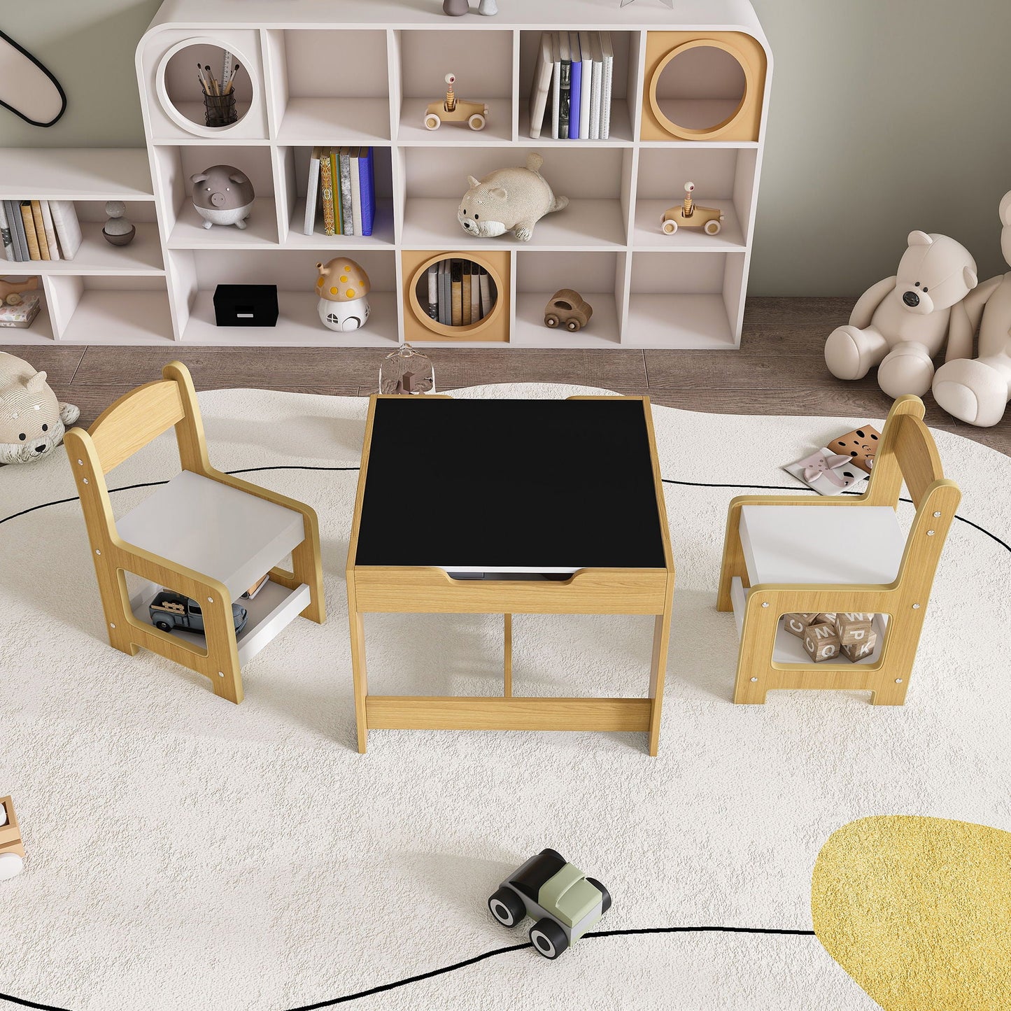 3 In 1 Kids Study Table & Chairs Set Multi Functional Activity Table With Detachable Blackboard Top - Natural Wood Home Essentials