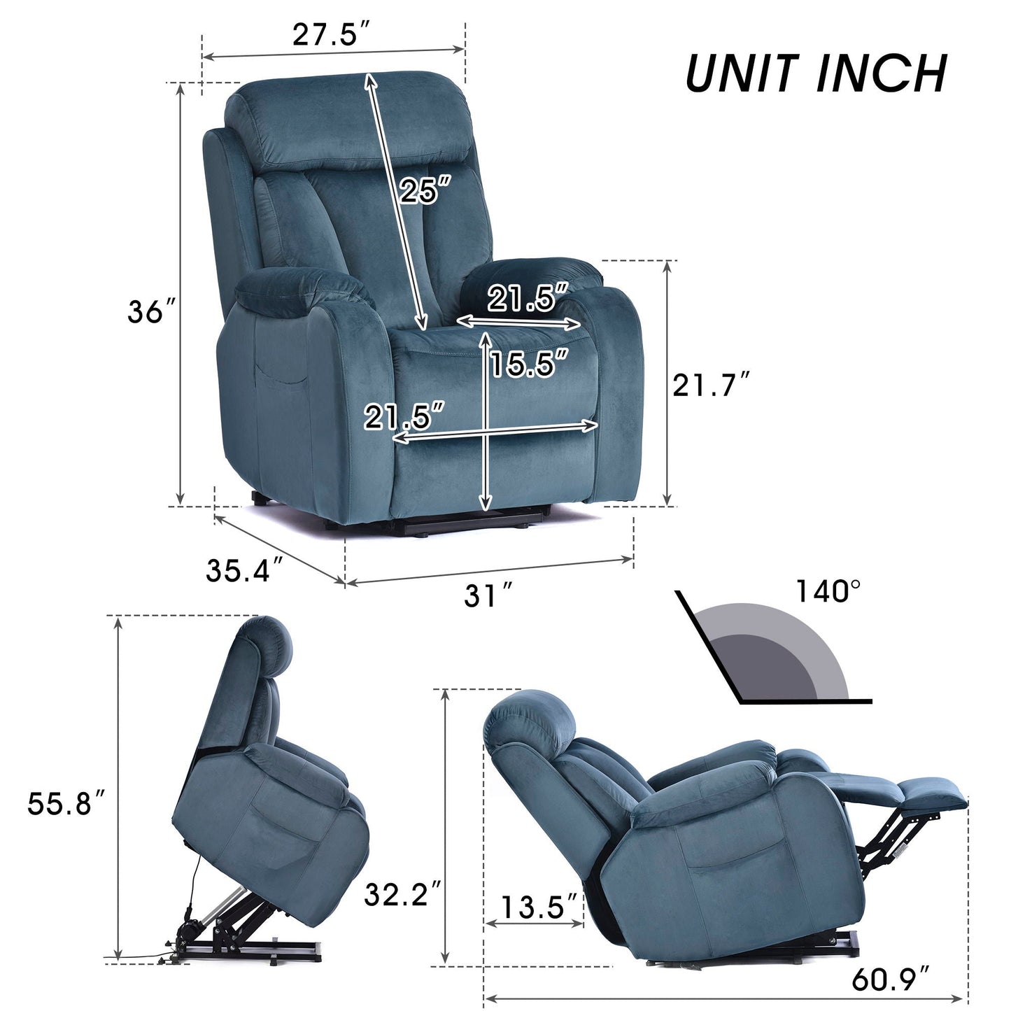 Power Lift Chair Recliner With Remote Control, Electric Reclining Sofa, Fabric Power Recliner For Living Room - Navy Blue Home Essentials