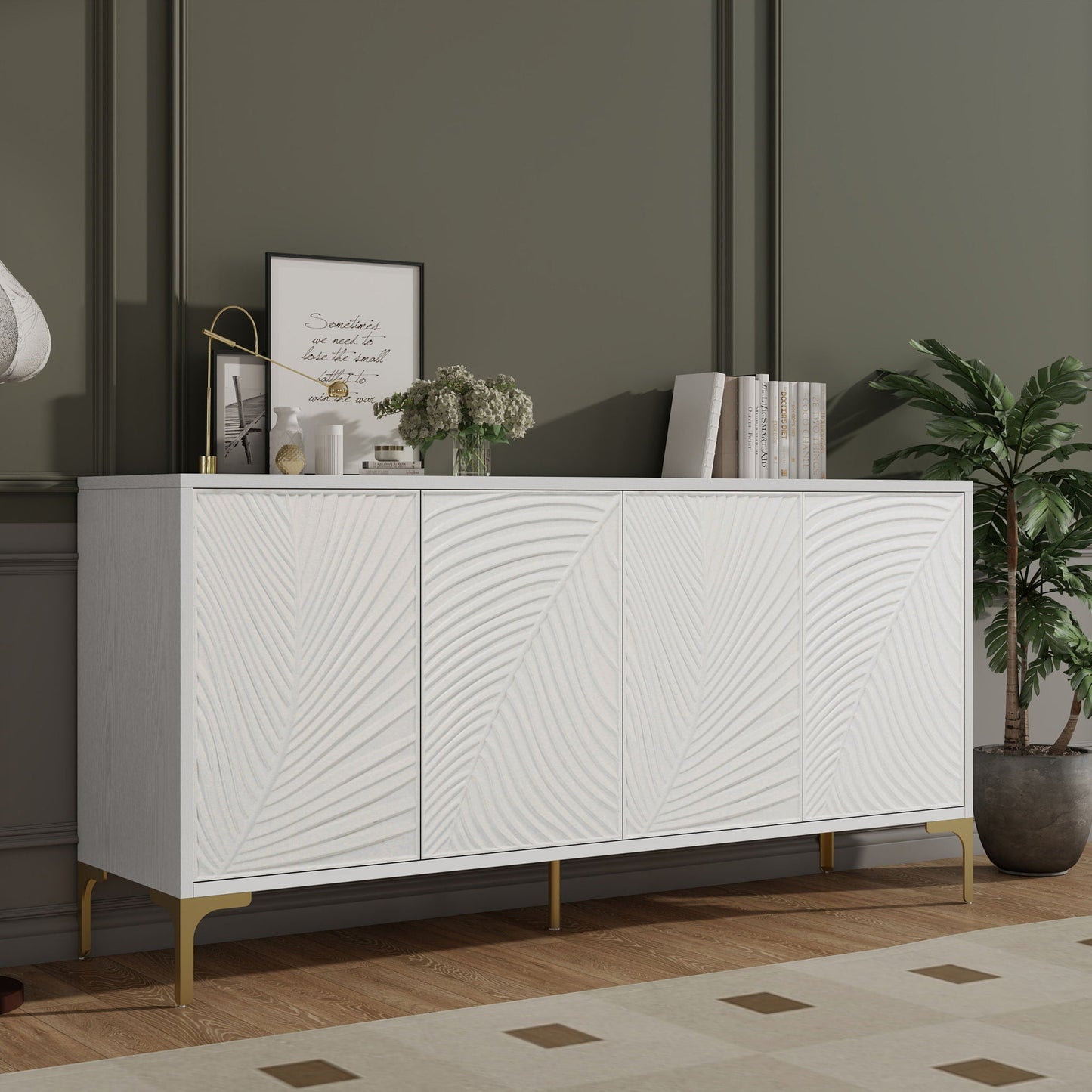 Modern 4 Door Sideboard With Creative Carved Surface And Adjustable Shelves Home Essentials