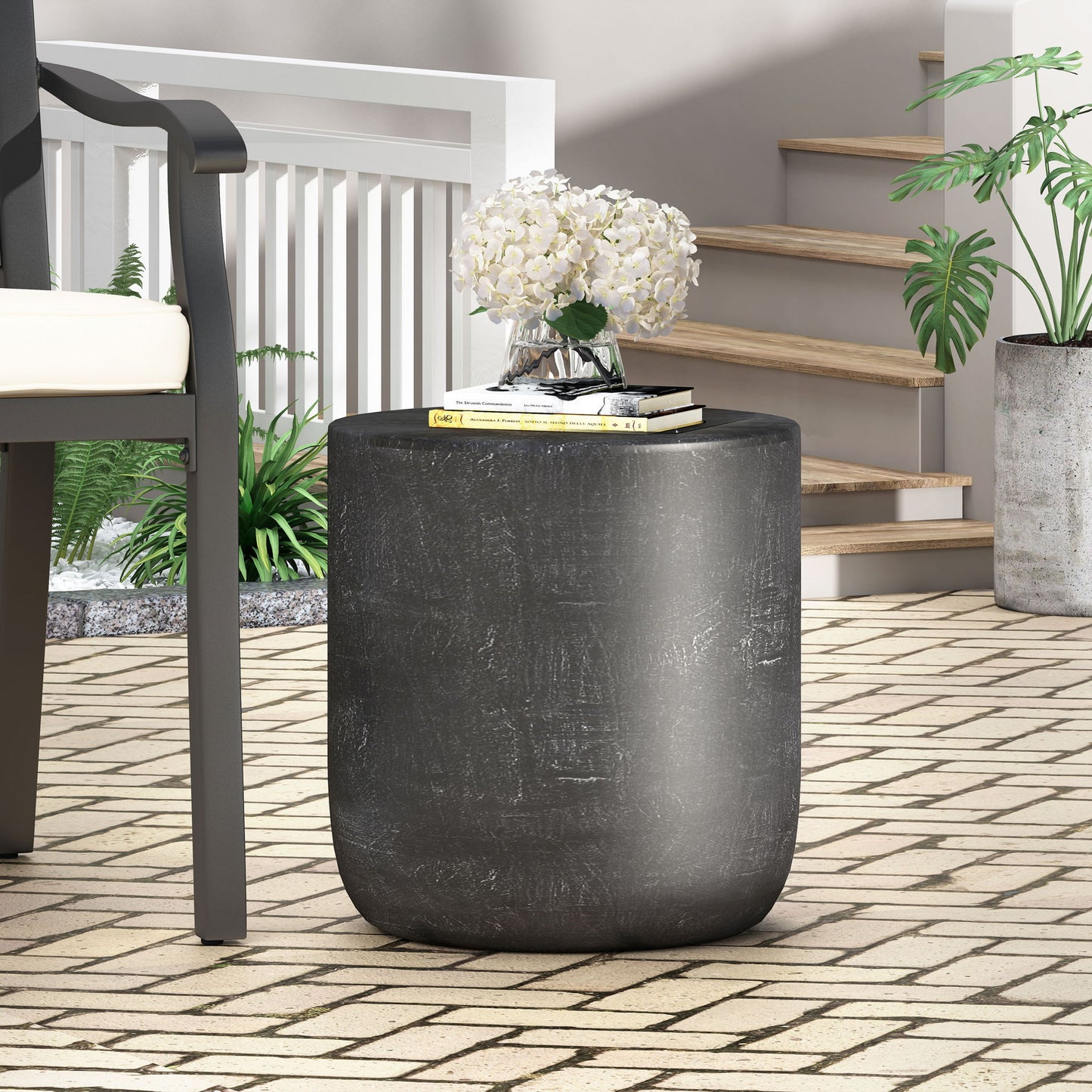 Outdoor Lightweight Concrete End Table With Natural Texture - Matte Black Noble House