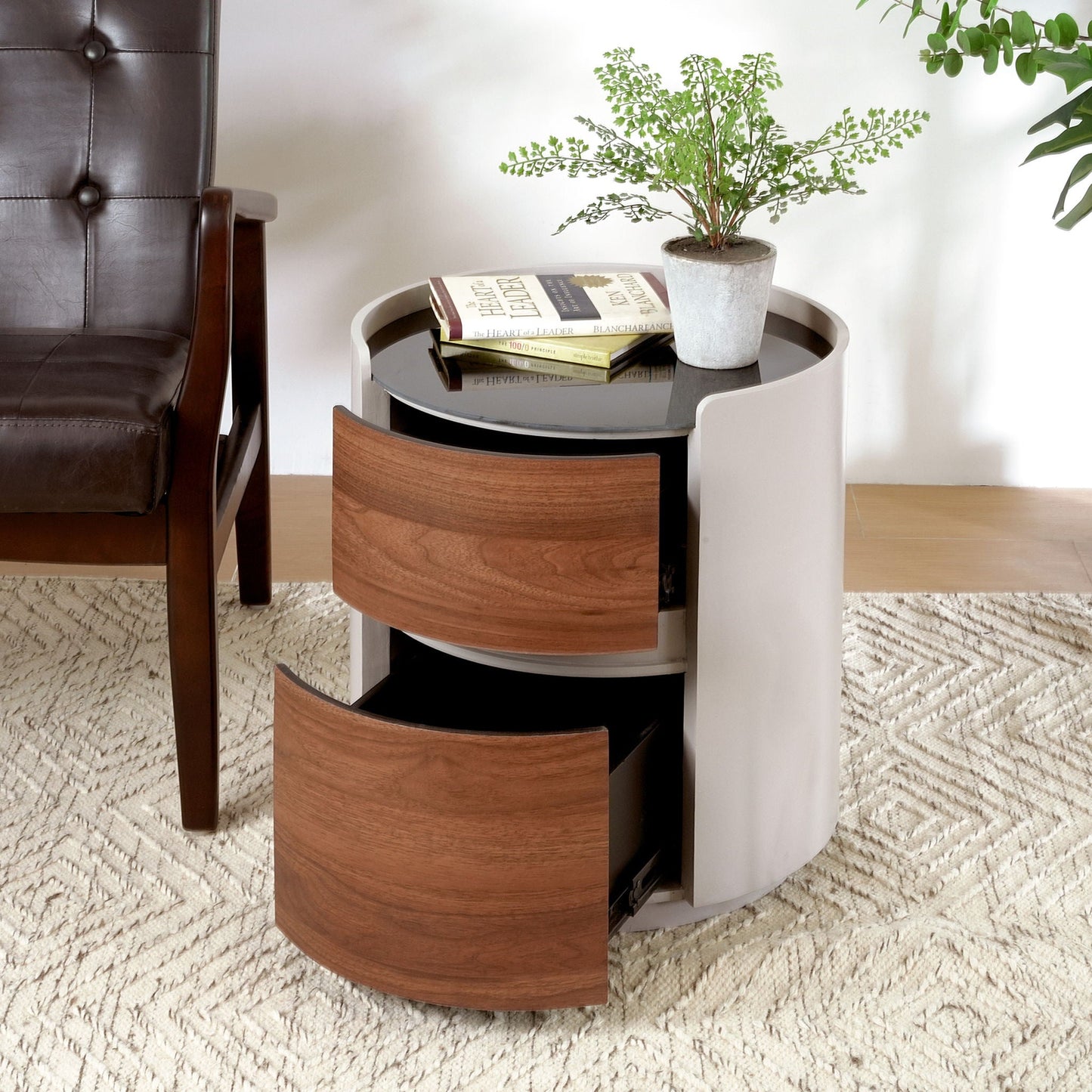 Italian Retro Double Storage Round Side Table - Gray Brown Noble House