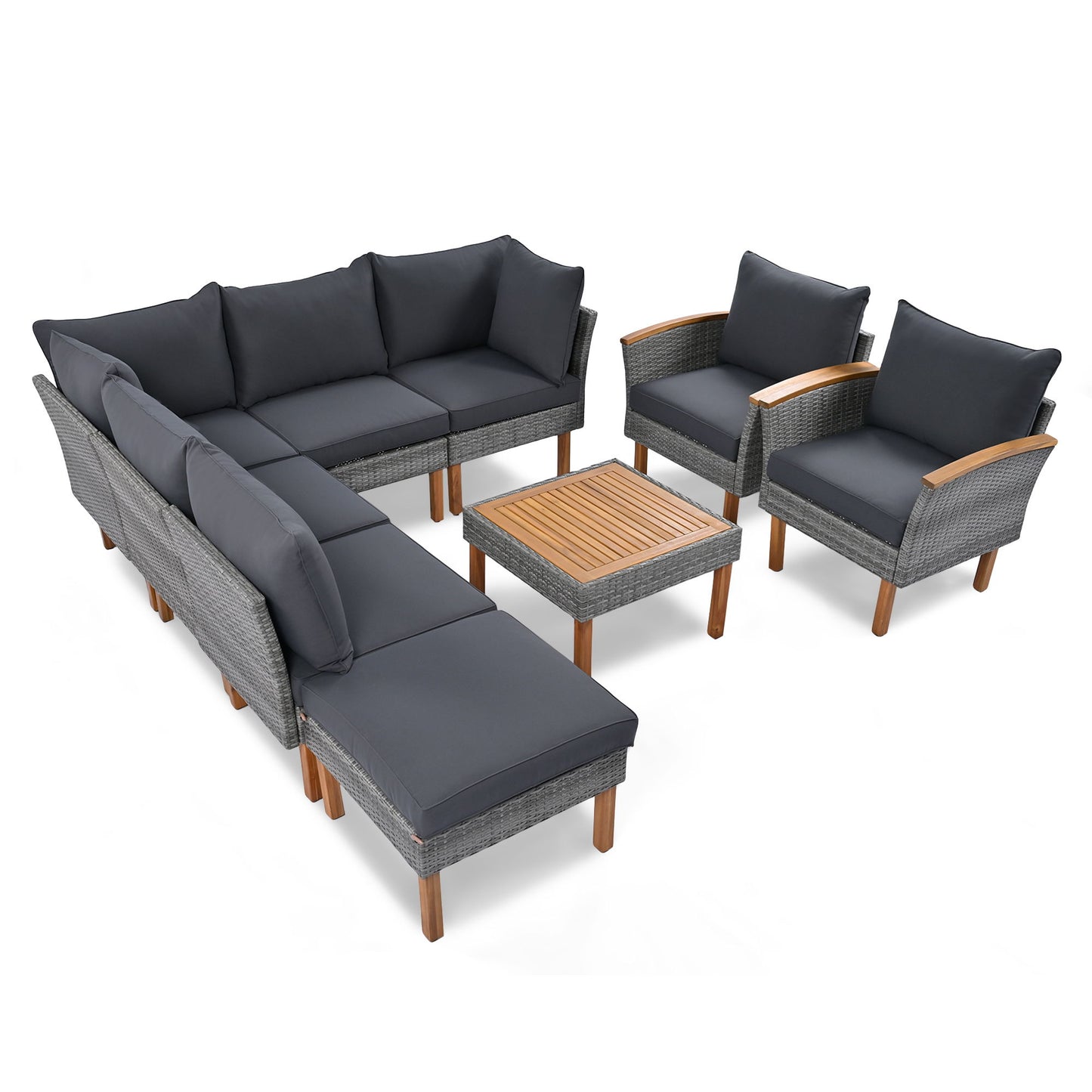9 Piece Patio Rattan Furniture Set, Outdoor Conversation Set With Acacia Wood Legs And Tabletop, PE Rattan Sectional Sofa Set With Coffee Table, Washable Cushion Hearth and Haven