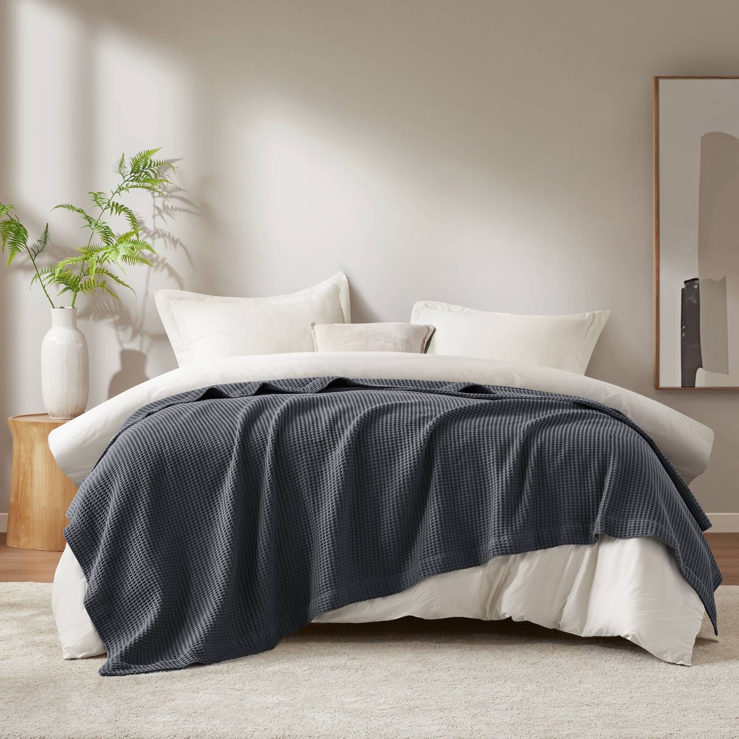 Waffle Weave - King Cotton Blanket - Dark Gray Madison Park