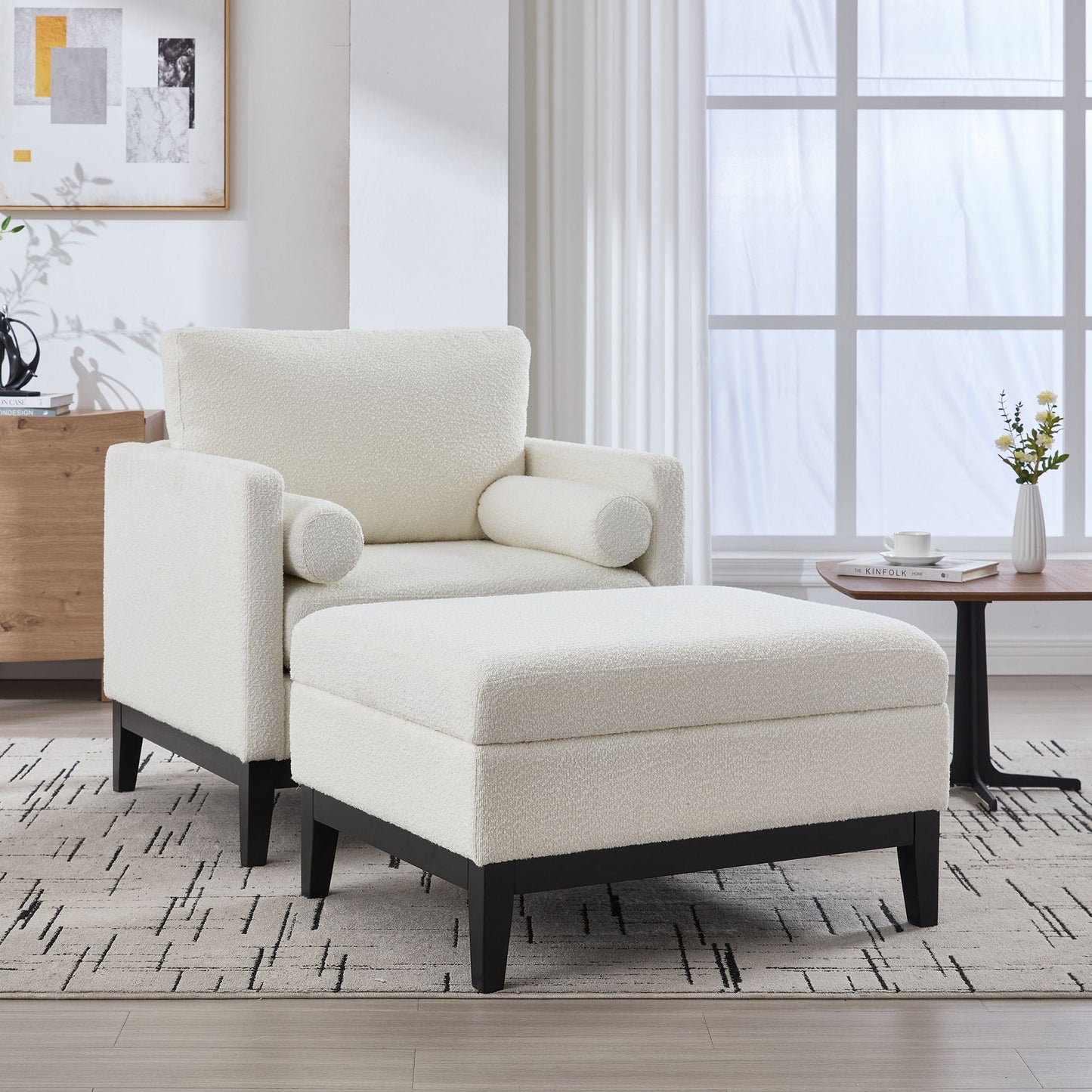 Farmhouse Upholstered Accent Chair With Ottoman, Reversible Lid Coffee Table Home Essentials