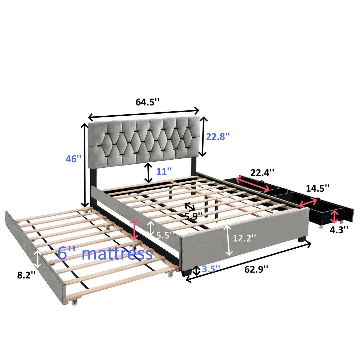 Trundle Pull Out Drawers Storage Upholstered Bed Modern Design No Box Spring Required Home Essentials