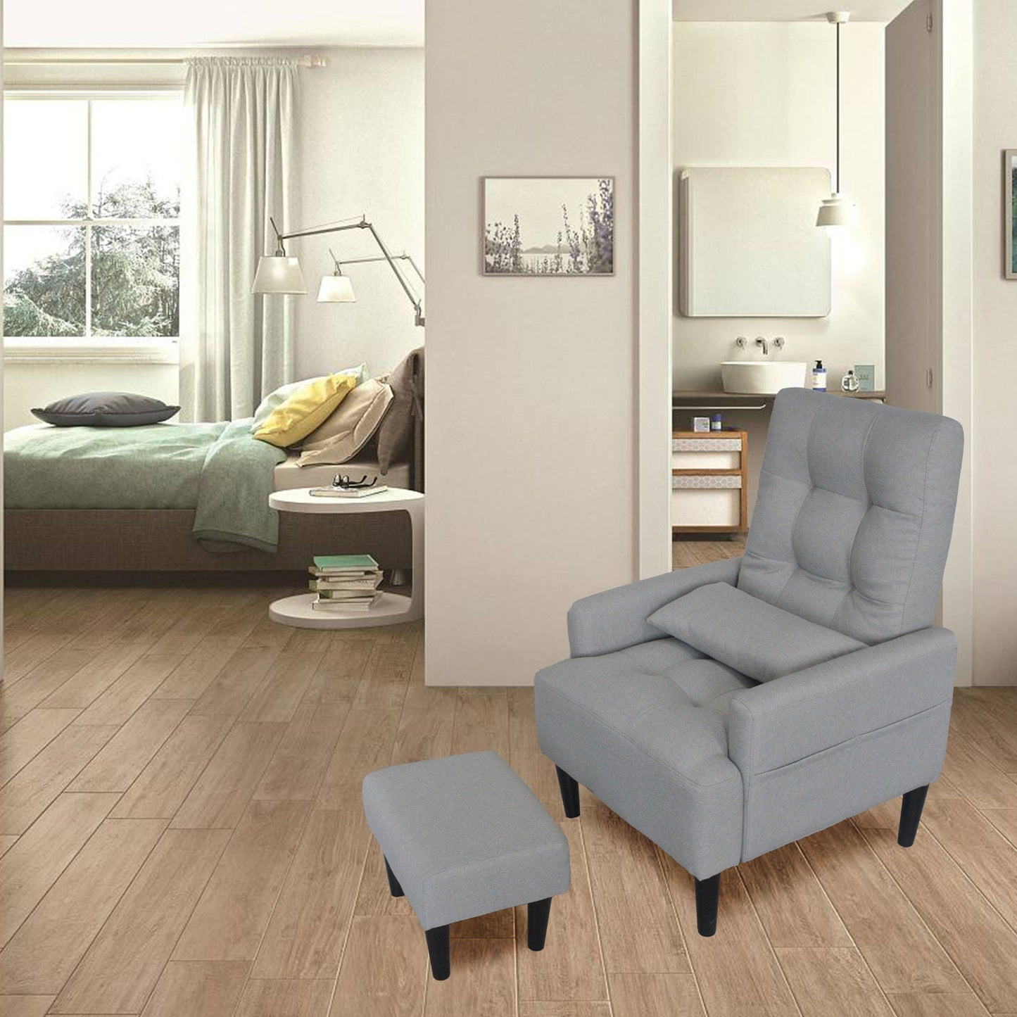 Living Room Sofa Single Chair And Ottoman, Modern Multi-Function Fabric Living Room Sofa Lounge Chair Bed And Stool. Soft Leisure Single Chair Adjustable Into 5 Angles With Sofa Bed Home Essentials