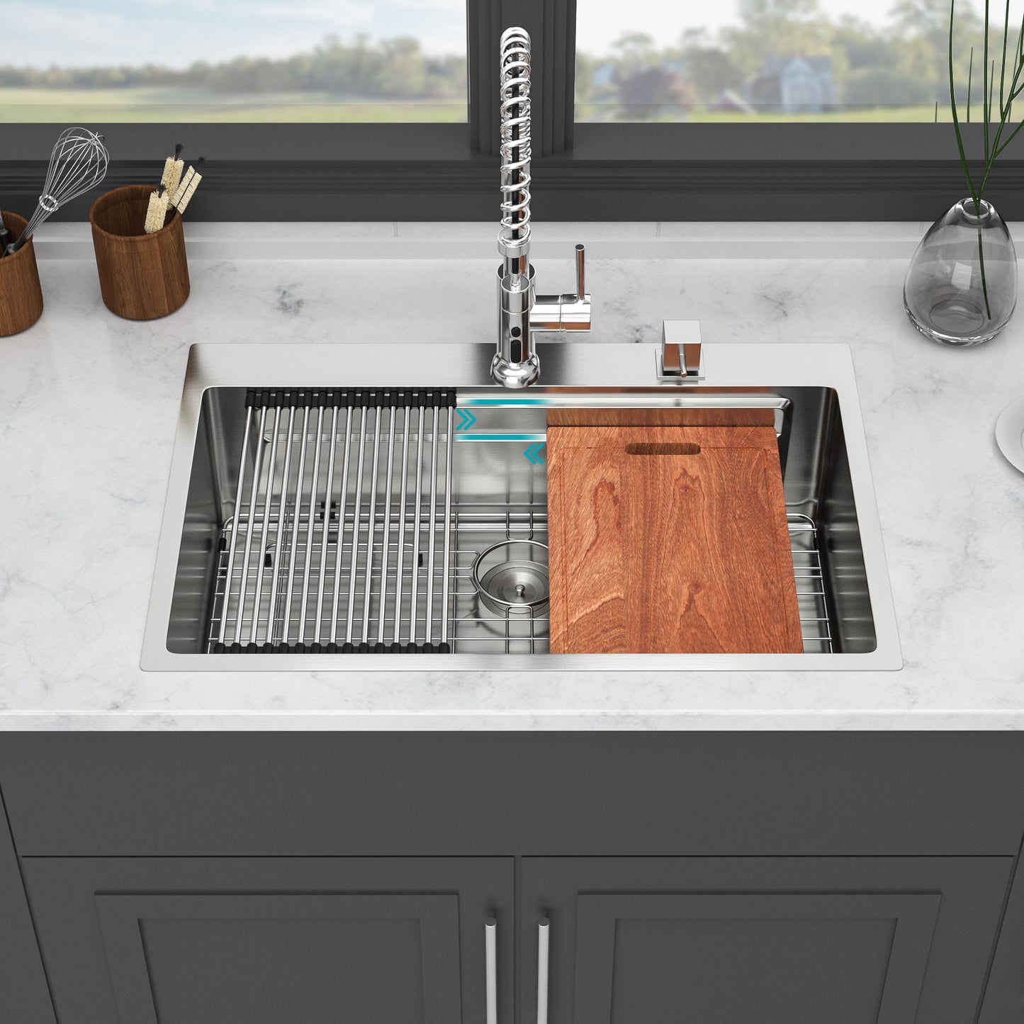 33" Drop In Kitchen Sink Single Bowl 16 Gauge Stainless Steel Ledge Workstation - Black Daily Nest