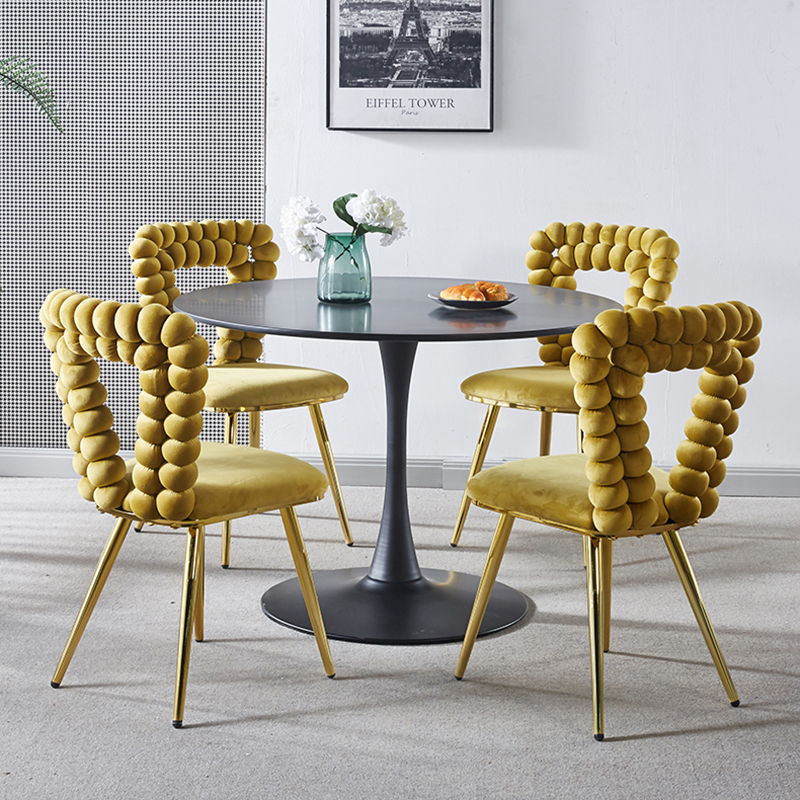 Modern Chair With Iron Tube Legs, Soft Cushions And Comfortable Backrest, Suitable For Dining Room, Living Room, Cafe, Hairball Back Home Essentials