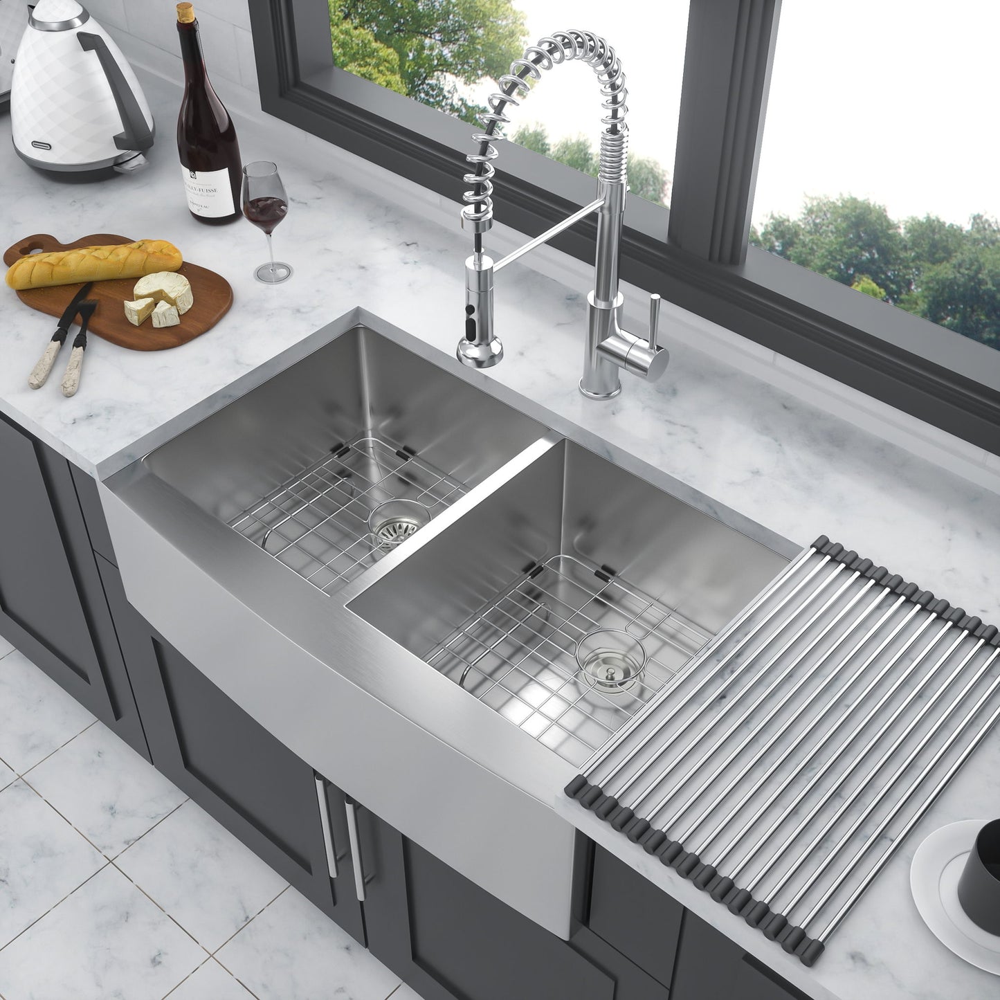 Double Bowl Farmhouse Sink, Stainless Steel Apron Front Kitchen Sink 16 Gauge - Brushed Nickel Daily Nest