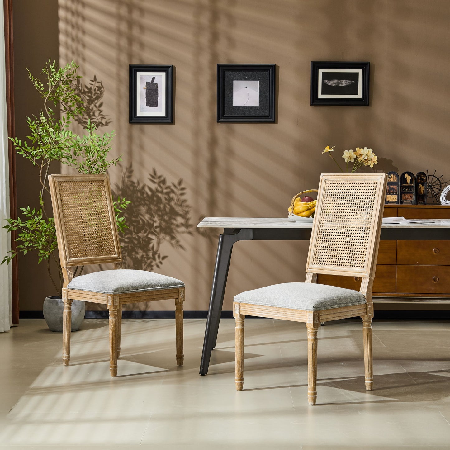 French Country Dining Chair With Rectangular Cane Backrest And Smooth Upholstered Seating Noble House