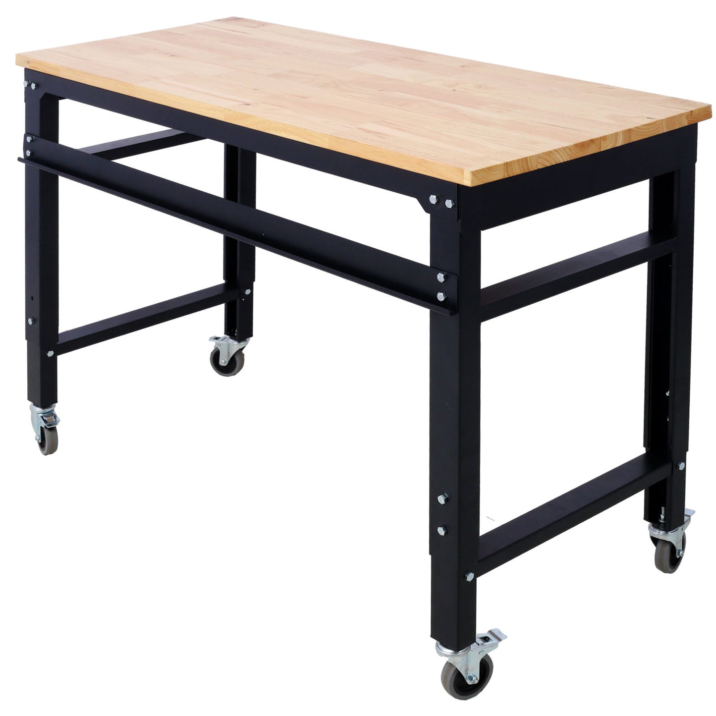 Wide Rolling Workbench For Garage, Adjustable Height, Workshop Tool Bench, Metal With Rubber Wood Top Daily Nest