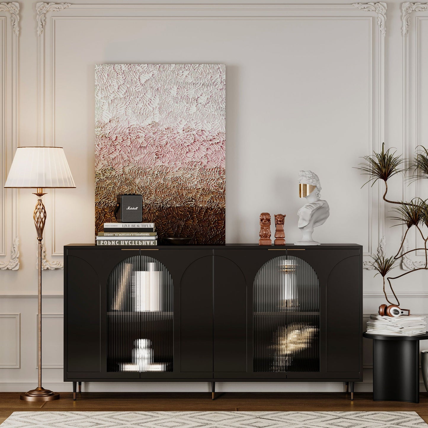 Accent Cabinet Lacquered Wooden Cabinet With 4 Glass Doors Sideboard Buffet Server Cabinet Storage Cabinet, For Living Room, Entryway, Hallway, Office, Kitchen And Dining Room Home Essentials