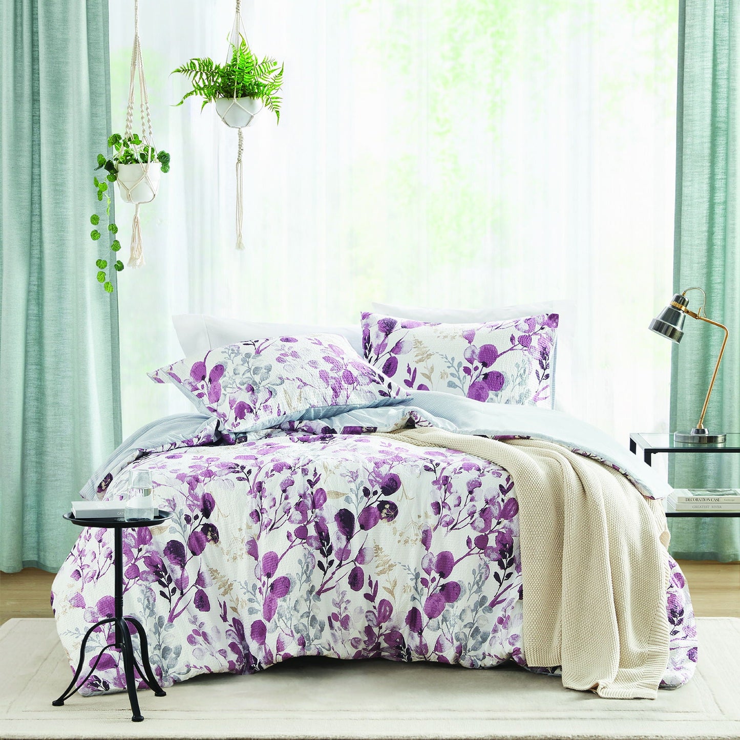 Gabby - Twin/Twin Long Reversible Floral Botanical Seersucker Comforter Set - Plum/Gray Super Listing