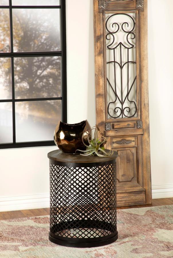 Aurora - Round Drum Base Accent Side Table - Natural And Black CoasterEssence