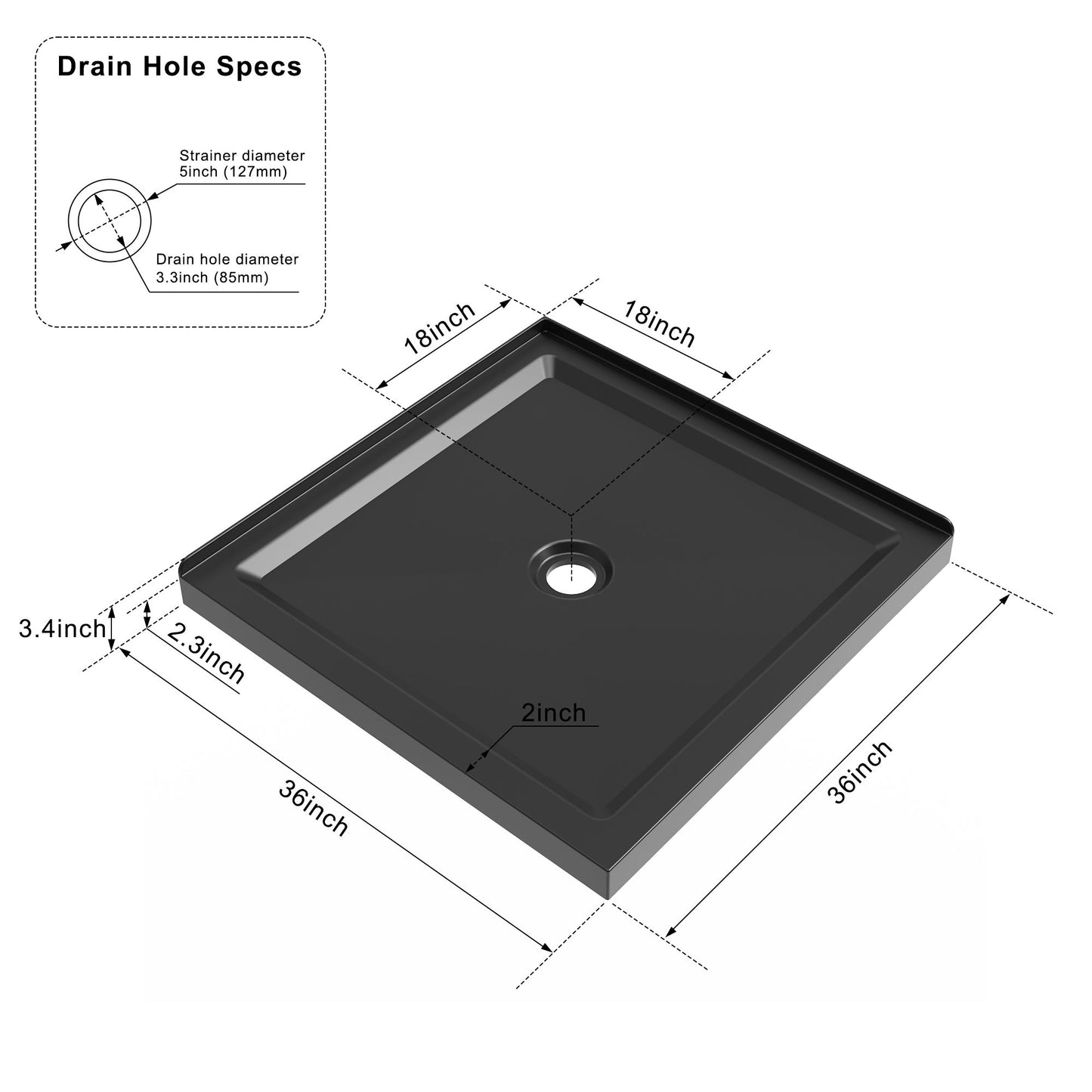 Shower Base, Anti Slip Center Drain Double Threshold - Black Daily Nest