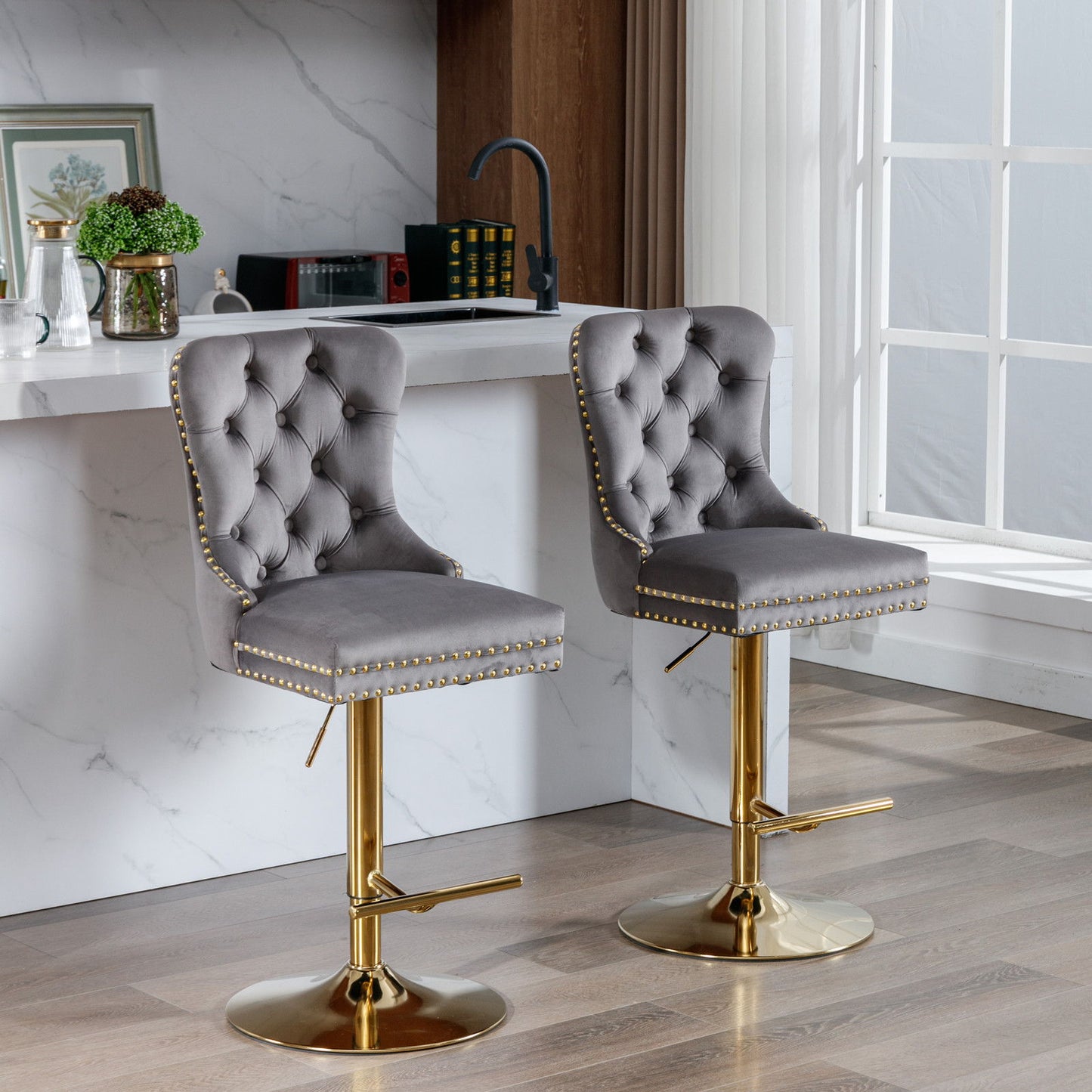Thick Golden Swivel Velvet Barstools Adjusatble Seat Height From 25-33", Modern Upholstered Bar Stools With Backs Comfortable Tufted For Home Pub And Kitchen Island (Set of 2) Home Essentials