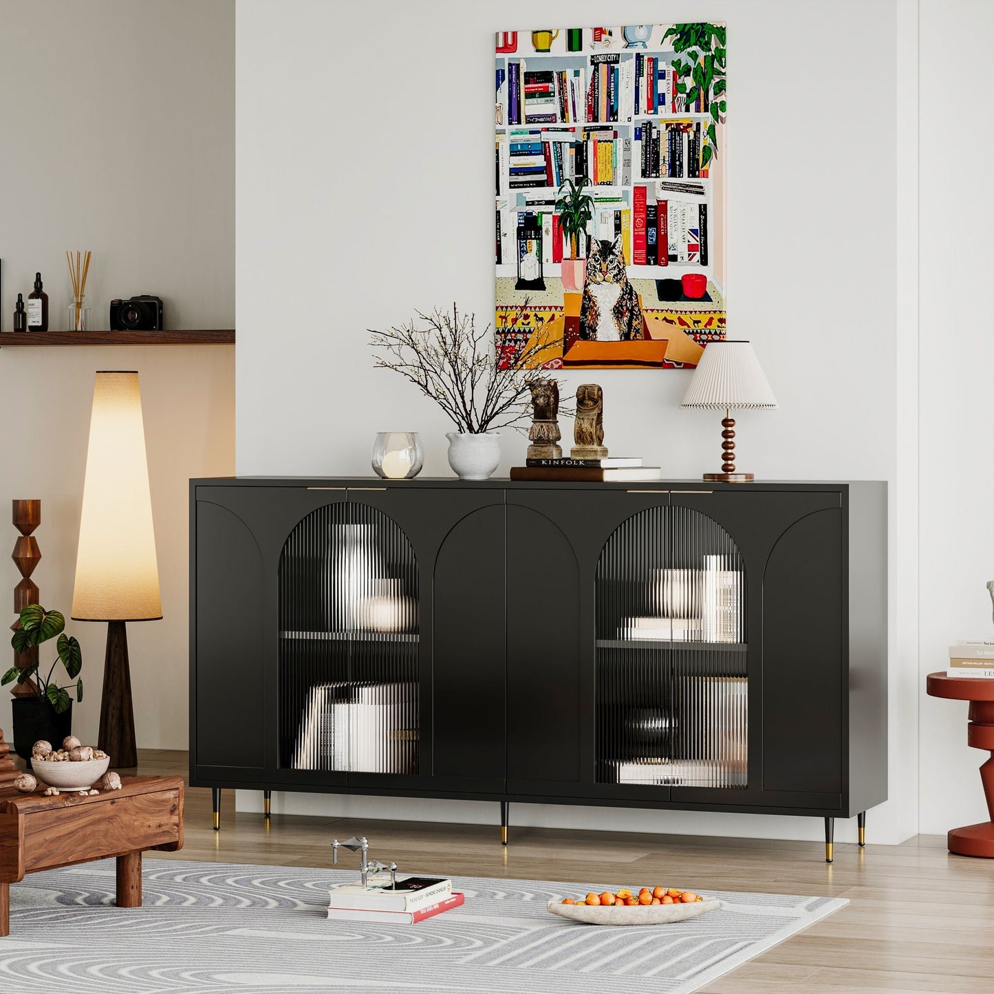 Accent Cabinet Lacquered Wooden Cabinet With 4 Glass Doors Sideboard Buffet Server Cabinet Storage Cabinet, For Living Room, Entryway, Hallway, Office, Kitchen And Dining Room Home Essentials
