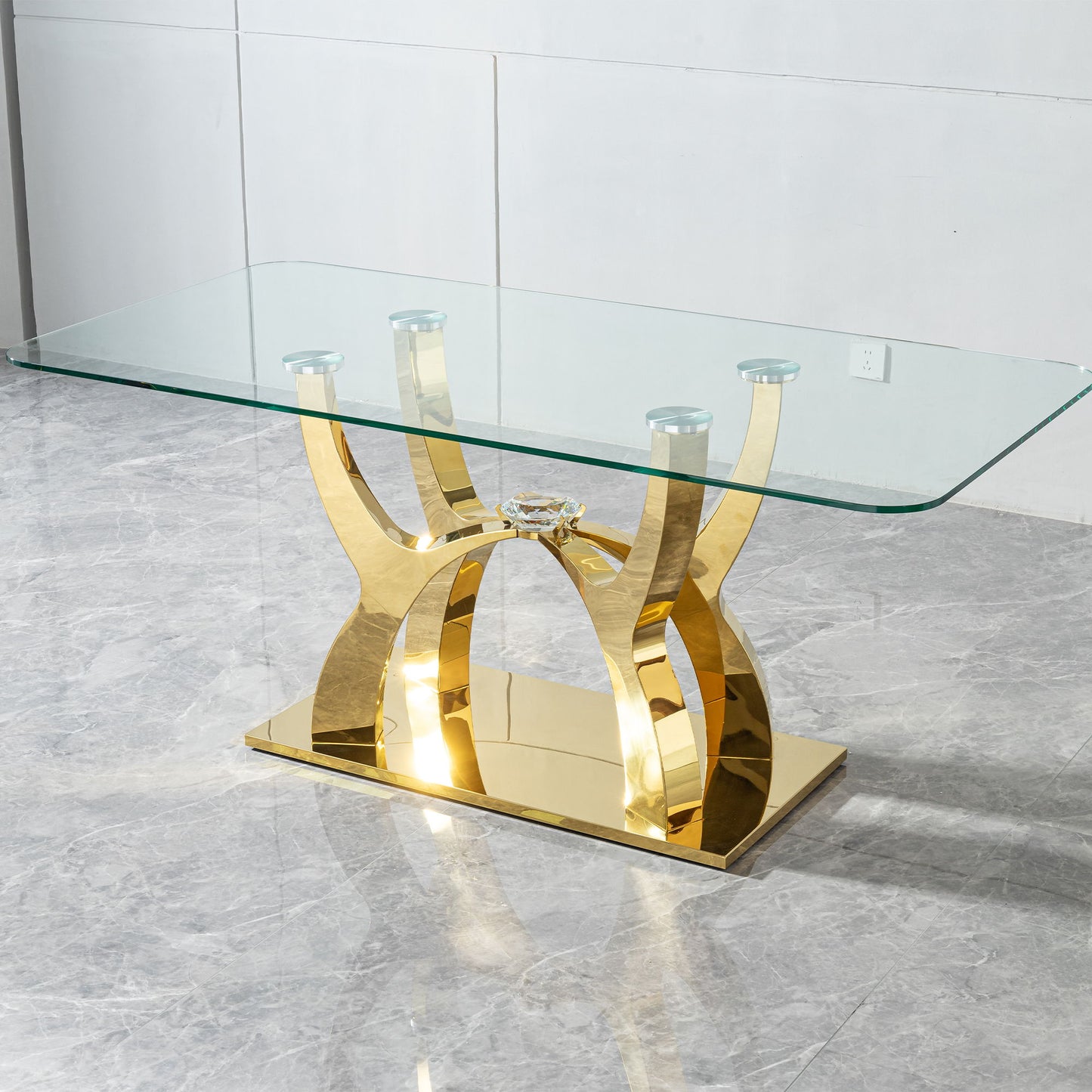 Tempered Clear Glass Rectangular Dining Table With Stainless Steel Base - Gold Home Essentials