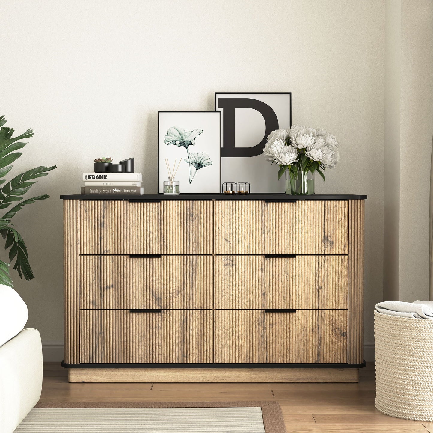 Modern 6 Drawer Cabinet With Metal Rounded Corners And Exquisite Handles Multi Functional Storage - Natural Wood Home Essentials